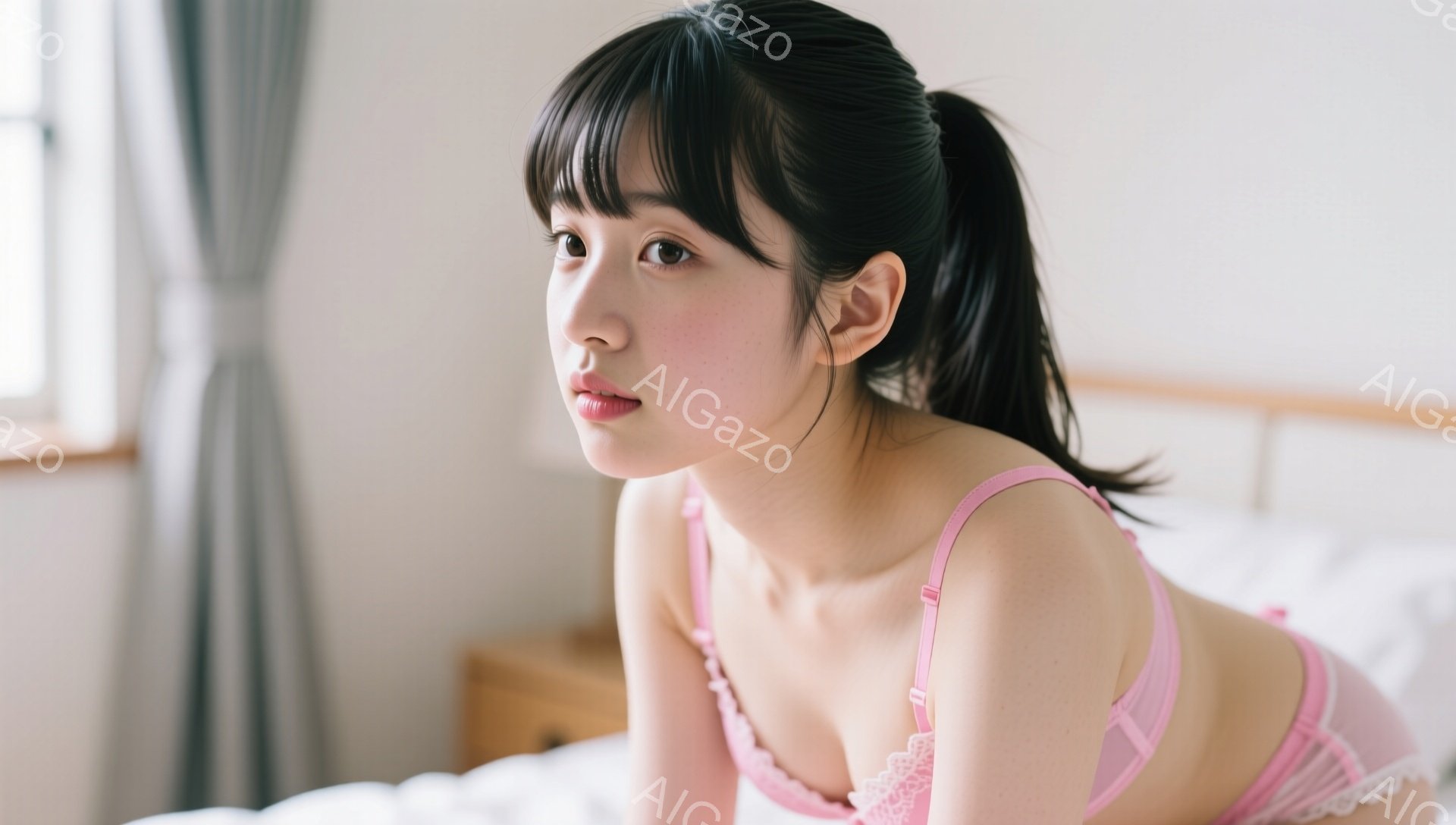 長い黒髪をポニーテールにした若い女性が、ピンクのレースのブラジャーとショーツ姿でベッドに横たわっています。彼女は少し微笑んでおり、どこか遠くを見つめています。背景には、ぼやけた木製のナイトスタンドとカ - AI生成フリー素材