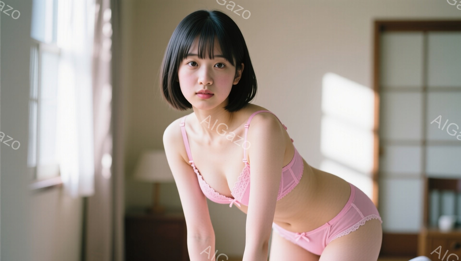 ショートカットの黒髪女性が、薄いピンク色のレースのブラジャーとショーツのセットを身につけて立っている。彼女はカメラに向かってわずかに微笑み、少し内股で姿勢を保ち、全体的に柔らかく優しい雰囲気を醸し出している。背景には木製の家具や間接照明があり、部屋全体が明るく暖かく照らされている。