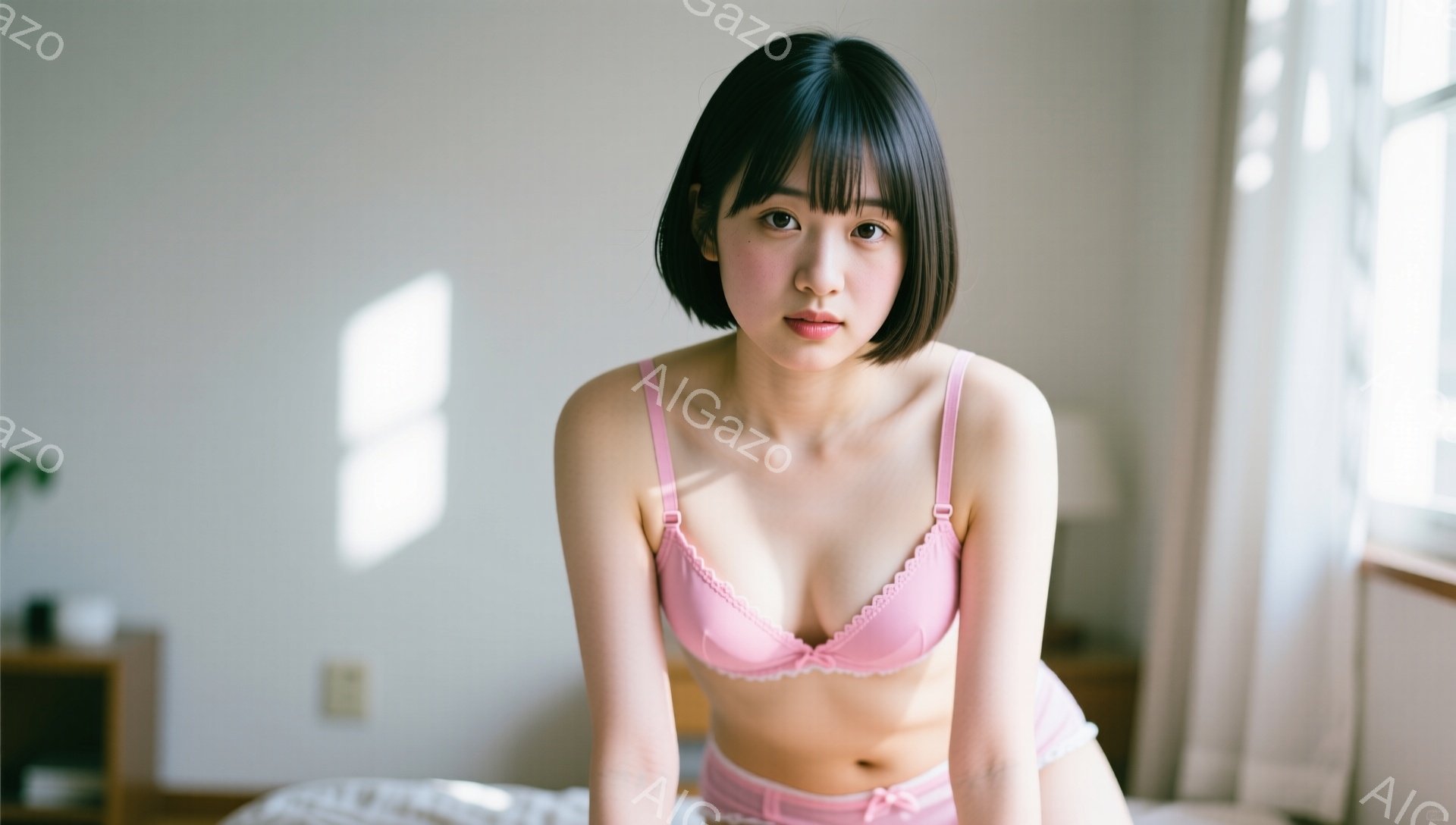 短い黒髪に前髪を下ろした女性が、ピンク色のブラとショーツ姿でこちらを見つめています。彼女はベッドに座り、少し微笑んだ表情でリラックスしたポーズをとっています。背景は薄暗い部屋で、窓から差し込む光が彼女を照らし、全体的に柔らかい雰囲気を醸し出しています。