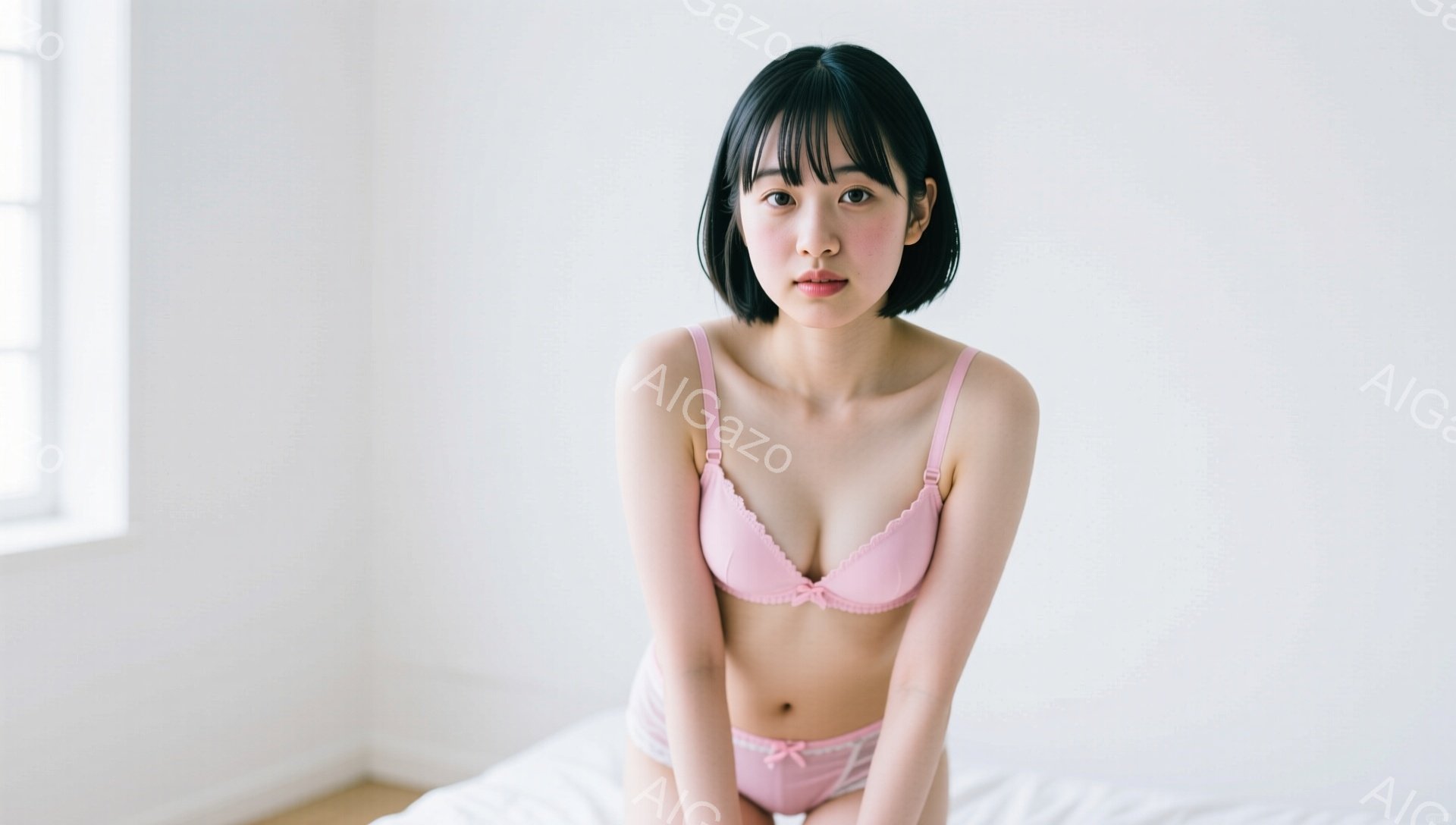 黒髪のボブカットで前髪を揃えた若い女性が、ピンク色のブラジャーとショーツのセットを身につけて正面を向いています。彼女は白いベッドの上に座り、両膝を立ててやや控えめな表情をしています。背景は明るい白い壁 - AI生成フリー素材