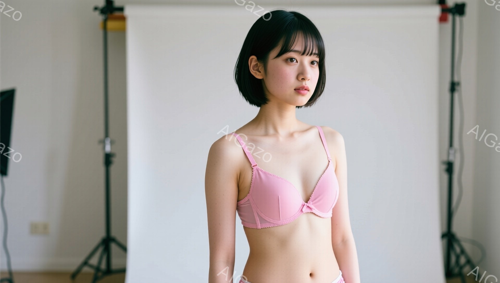 ショートヘアの女性が、薄いピンク色のブラとショーツを身に着けて立っている。彼女はカメラを見つめ、やや微笑んでいる表情で、リラックスした姿勢を保っている。背景は白い壁で、スタジオの照明機材が配置されてお - AI生成フリー素材