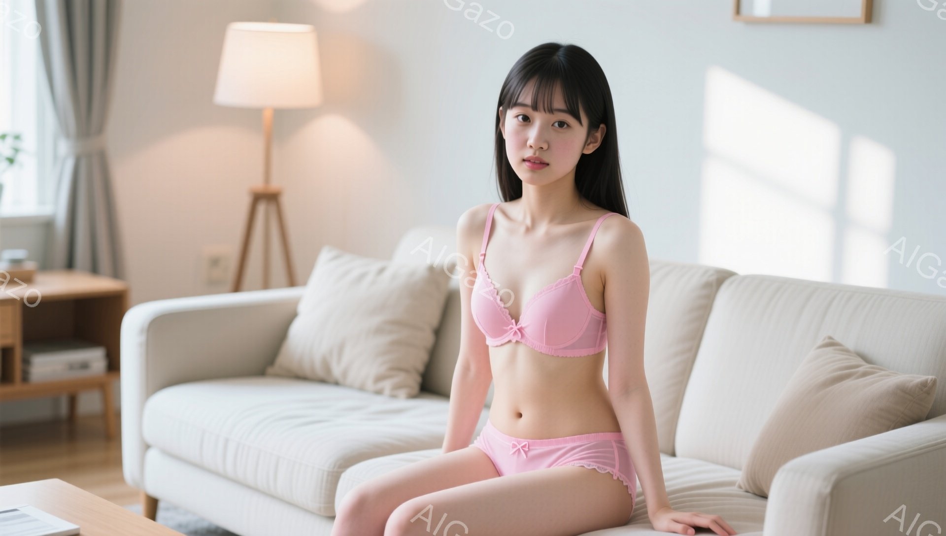 黒髪の女性が、薄ピンク色のブラとショーツのセットを着用して、白いソファに座っています。彼女は足を揃えて座り、リラックスした表情で正面を見つめています。背景には、木製の棚、ランプ、そして明るい自然光が差 - AI生成フリー素材