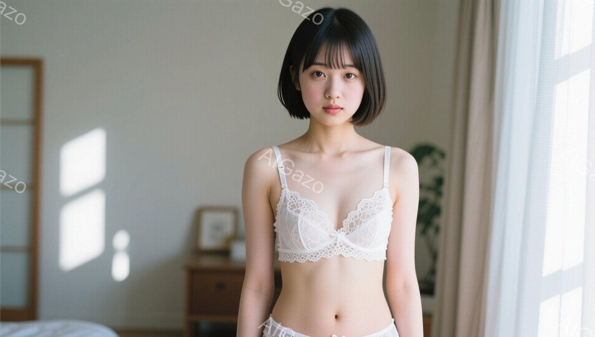 黒髪のボブヘアに前髪を下ろした若い女性が、白いレースのブラジャーと下着姿で立っている。彼女は穏やかな表情で、カメラの方をまっすぐ見つめている。背景には木製の家具と植物が見え、部屋全体が柔らかい光に包ま - AI生成フリー素材