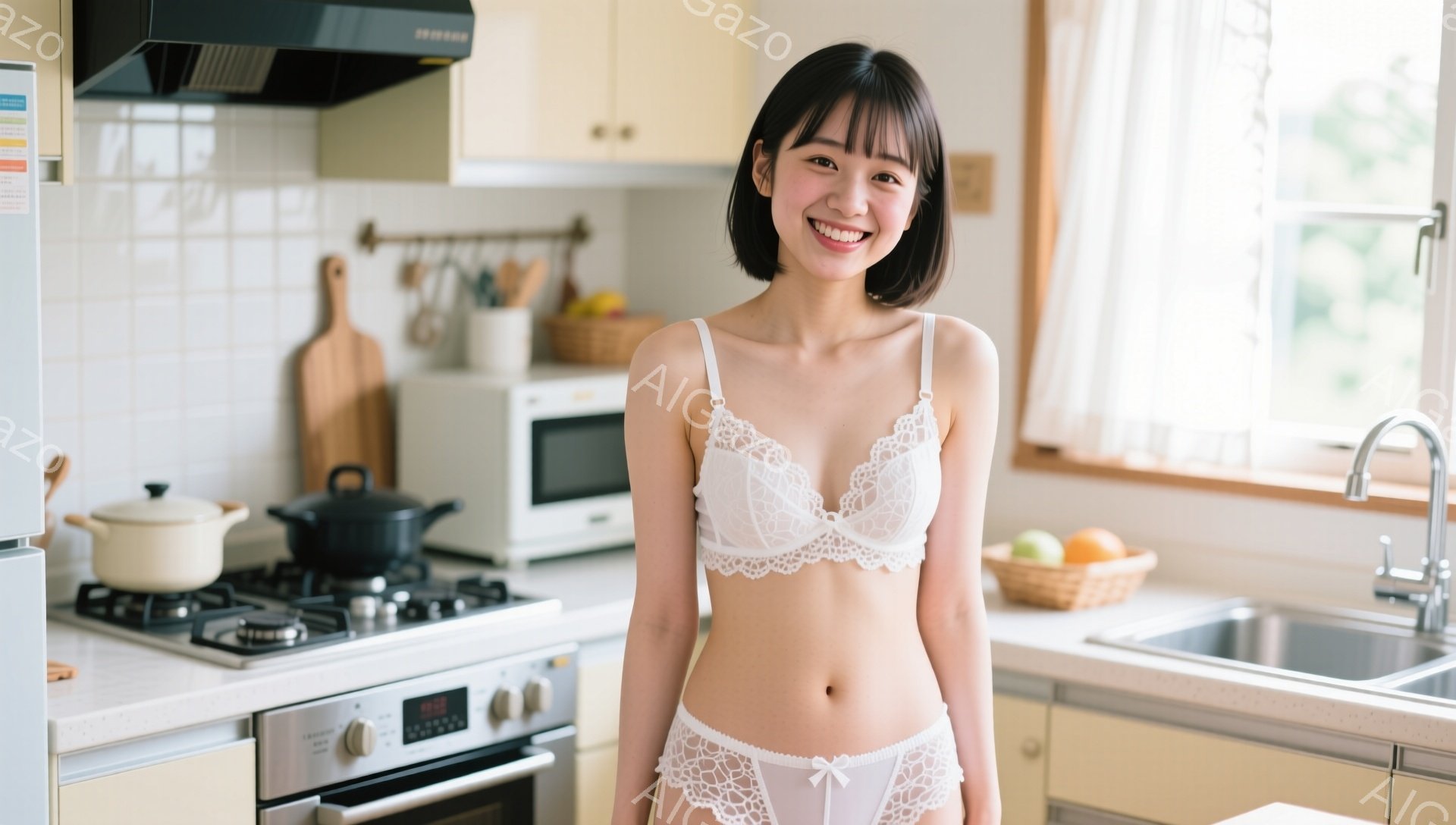 明るいキッチンで、若い女性が白いレースのブラとショーツ姿で微笑んでいます。肩までの長さの黒髪で、前髪は眉毛にかかるようにカットされ、リラックスした自然な笑顔を見せています。背景にはガスコンロ、シンク、 - AI生成フリー素材