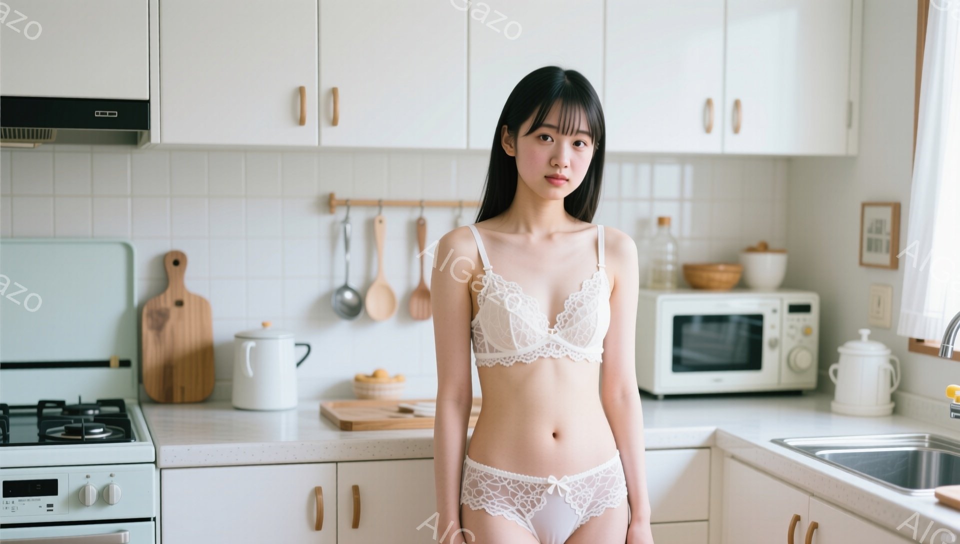 薄いピンク色のレースのブラジャーとショーツを身につけた若い女性がキッチンに立っています。彼女は肩までの黒髪で、前髪は少し横に流れています。表情はやや無表情で、まっすぐ前を見つめています。