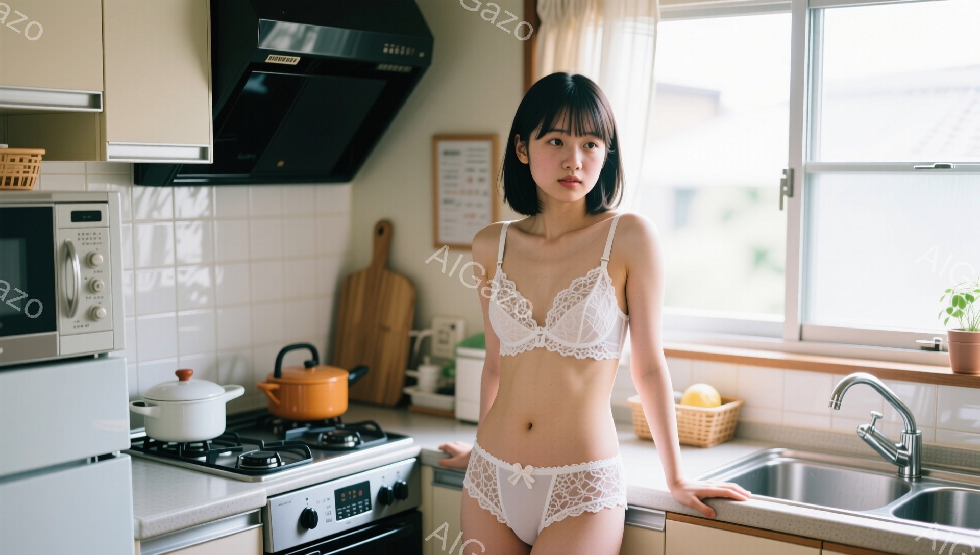短い黒髪の女性が、白いレースのブラジャーとショーツ姿でキッチンに立っている。彼女は少し微笑んでおり、片手をシンクに当ててリラックスしたポーズをとっている。背景にはガスコンロ、冷蔵庫、窓から見える緑豊かな庭が見え、明るく暖かい家庭的な雰囲気を醸し出している。