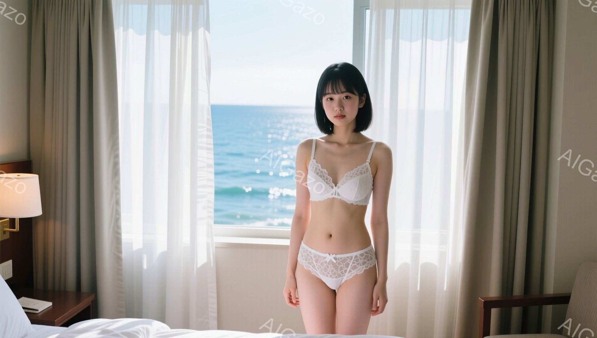 長い黒髪の女性が白いブラと下着を身につけ、窓の前で立っています。彼女は落ち着いた表情で、まっすぐ前を見ています。背景には青い海と白いカーテンがあり、部屋は明るく開放的な雰囲気を醸し出しています。 - AI生成フリー素材