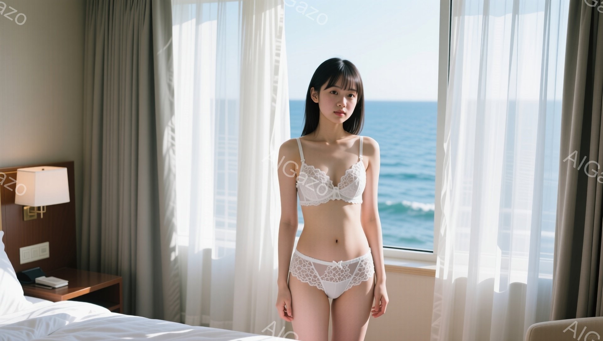 明るい窓辺に立つ若い女性が写っている。白いレースのブラとショーツを身につけ、濡れたような黒髪を肩の長さで無造作にしている。背景には青い海と空が広がり、部屋には白いカーテンとベッドが配置され、リゾートホテルのような雰囲気が漂っている。
