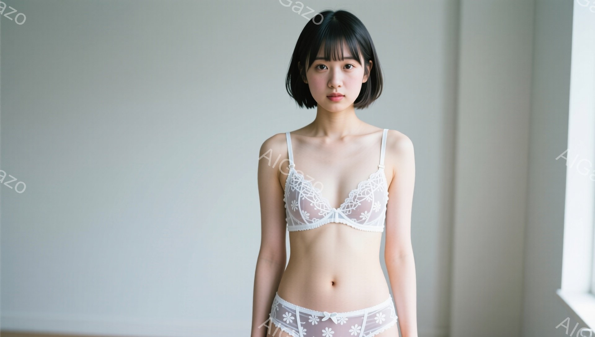 黒髪のショートヘアで、白いレースのブラとショーツを着用した若い女性が正面を向いて立っています。表情は穏やかで、やや控えめな視線をしています。背景は白っぽい壁で、自然光が差し込む窓がわずかに見え、全体的 - AI生成フリー素材