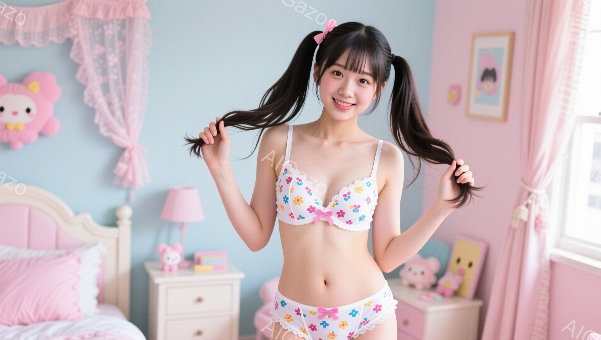 長い黒髪をツインテールにした若い女性が、パステルピンクの寝室で笑顔でポーズをとっています。彼女は白い花柄のブラとショーツを身に着け、腹部が少し露出しています。背景には、ピンクのランプ、引き出し、クマのぬいぐるみ、そして壁の装飾が見えます。