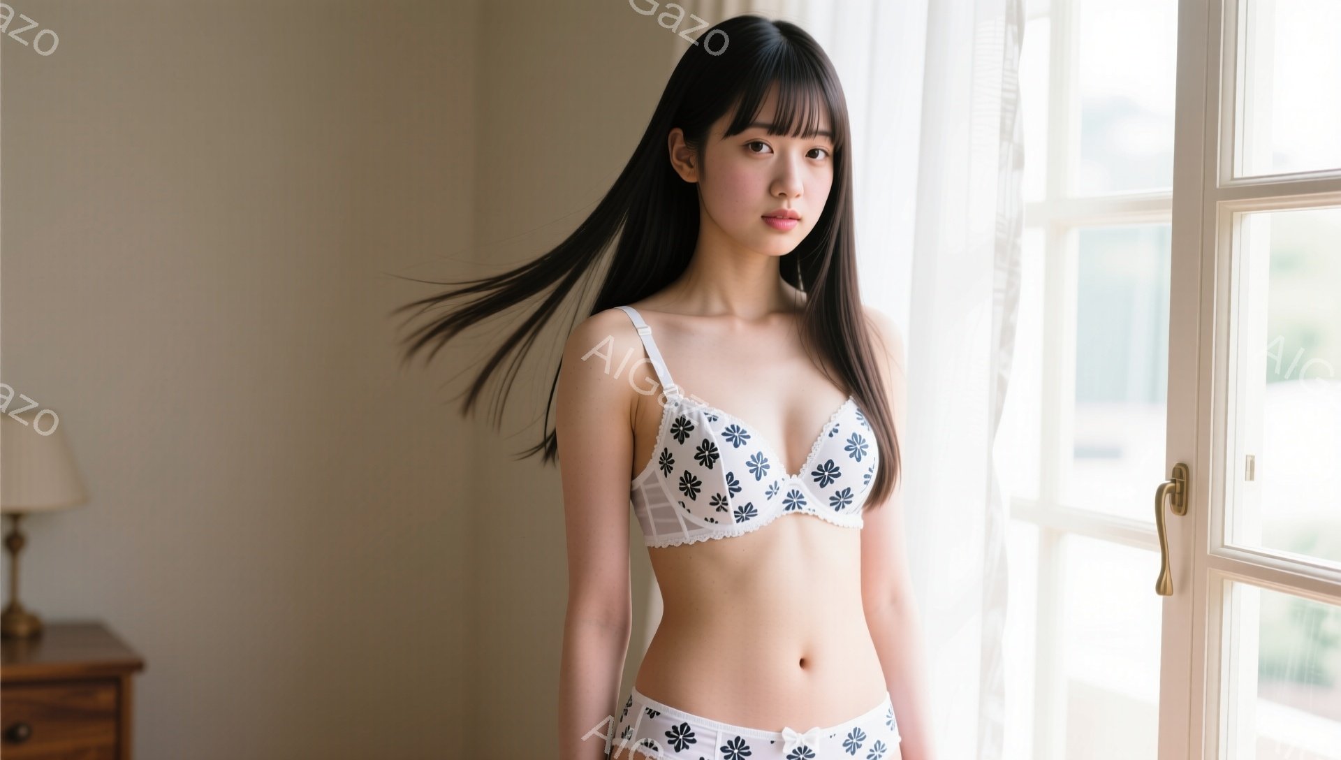 長い黒髪をなびかせ、白い花柄のブラとショーツを着用した若い女性が立っています。彼女は正面を向き、少し微笑み、姿勢はまっすぐです。背景には窓と、かすかに見える家具があり、全体的に柔らかく明るい雰囲気が漂 - AI生成フリー素材