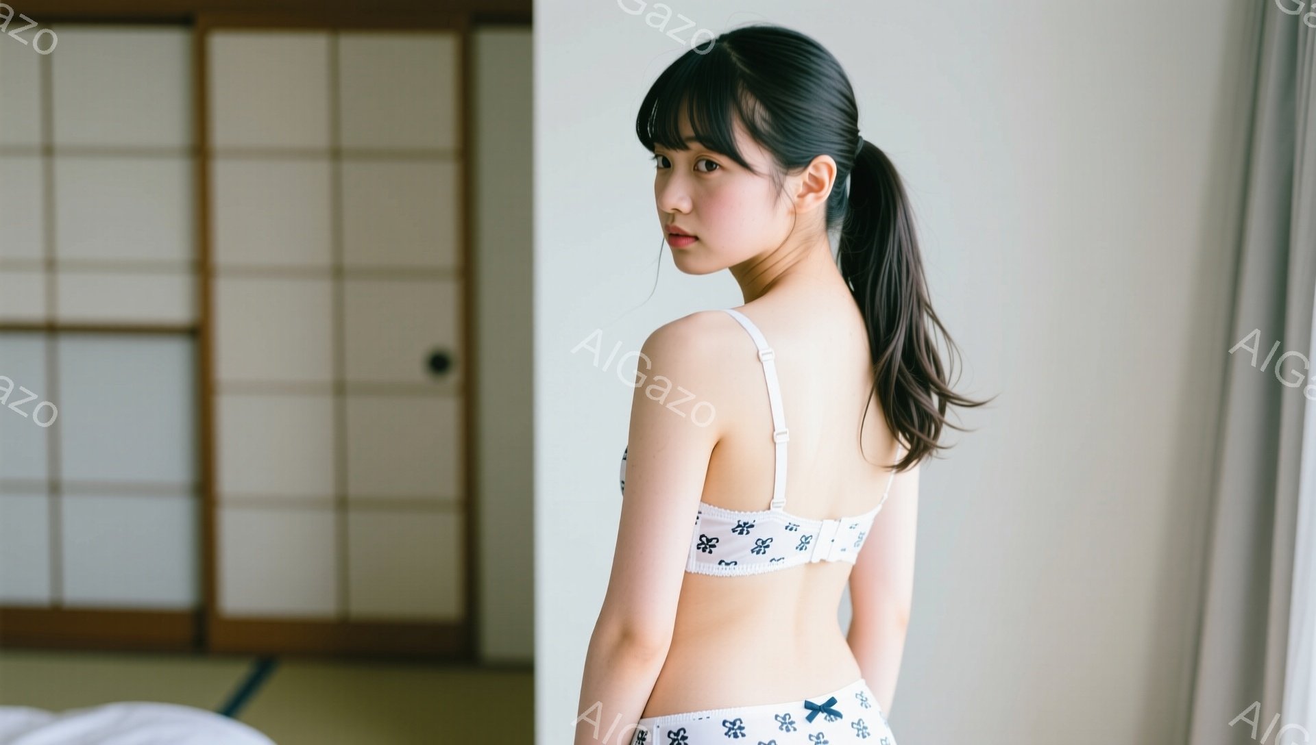 長い黒髪をポニーテールにした若い女性が、白いブラと白い花柄のパンツのみを身につけ、後ろを向いて立っています。彼女はわずかに振り返り、少し憂いのある表情をしています。背景には畳の部屋と障子があり、日本の - AI生成フリー素材