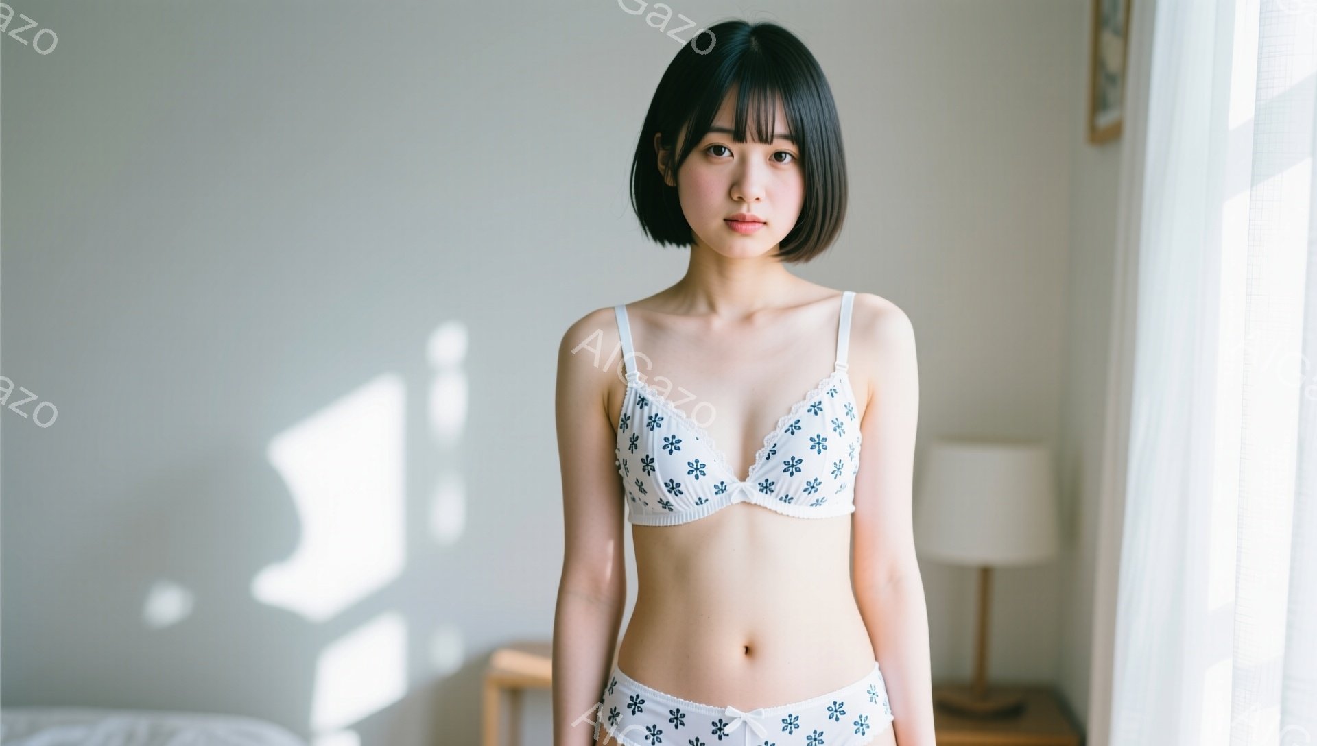 短い黒髪の女性が、白い花柄のブラとショーツのセットを身につけて立っています。彼女はまっすぐ前を見つめ、表情は穏やかで少し物憂げです。背景は薄明るい部屋で、白いカーテンから光が差し込み、柔らかな影が床に - AI生成フリー素材