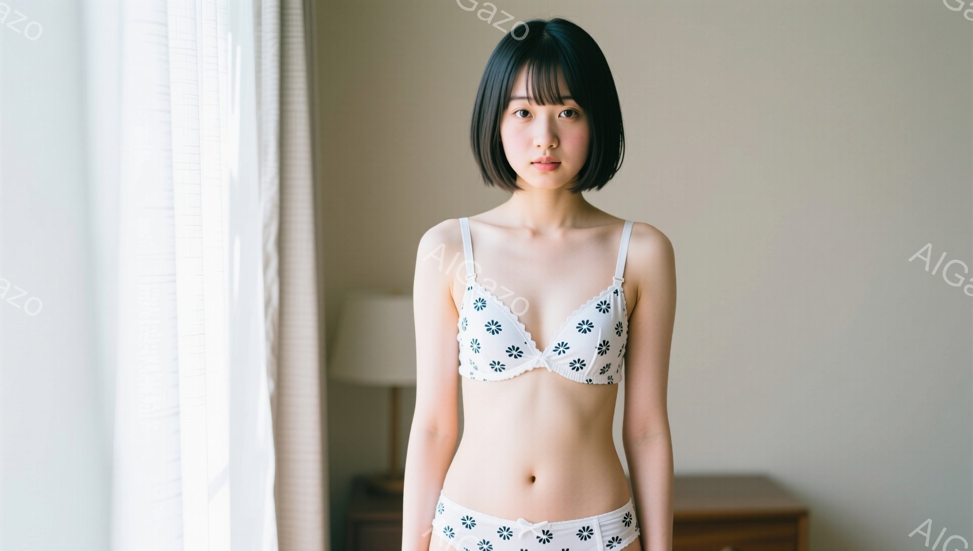 黒髪のボブヘアで前髪のある若い女性が、白い花柄のブラジャーとショーツのセットを着用して立っています。彼女はカメラを見つめ、穏やかな表情をしています。背景は薄暗い部屋で、窓から柔らかい光が差し込み、白いカーテンが掛かっています。