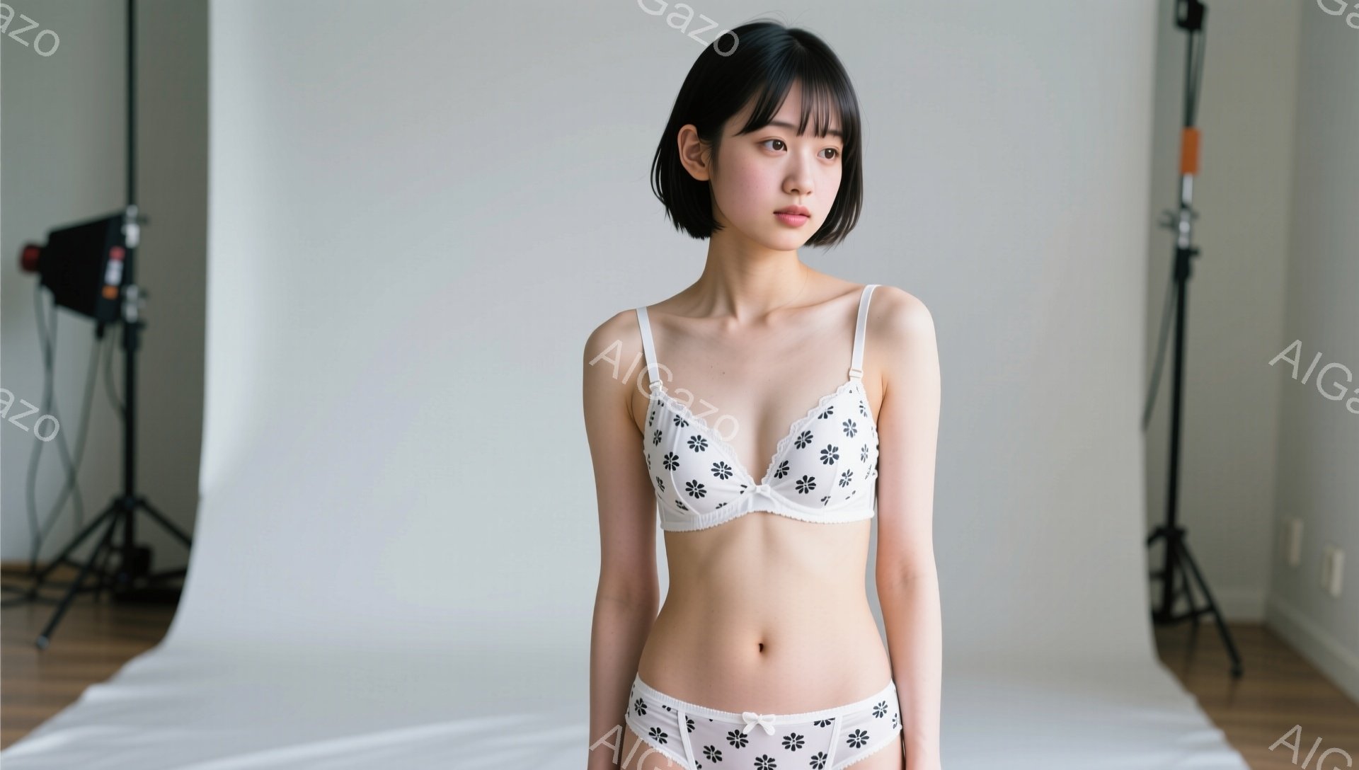 画像は、花柄のブラとショーツを身につけた若い女性を捉えています。彼女は肩までの長さの黒髪で、正面をまっすぐ見て少し微笑んでいます。背景は白く、写真撮影用のライトスタンドが見え、全体的に明るくクリーンな雰囲気が漂っています。