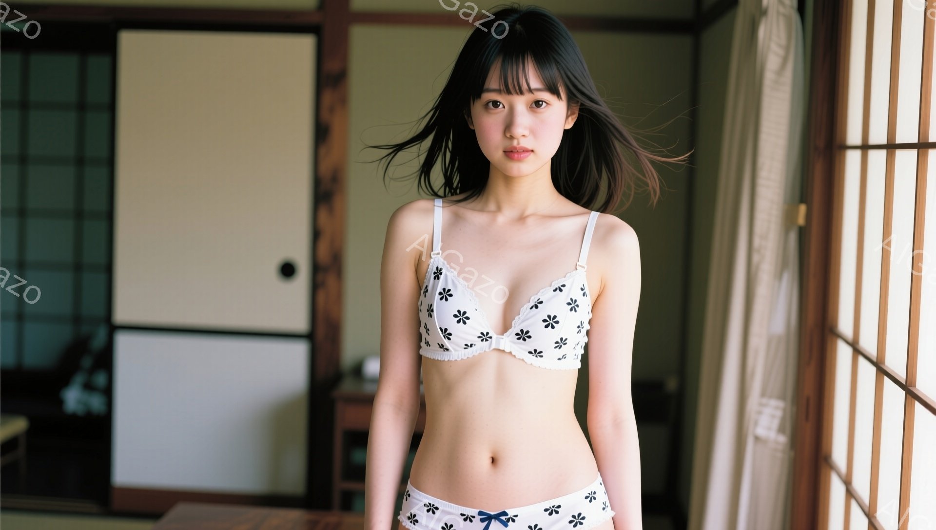 長い黒髪の女性が、白い花柄のブラとショーツのセットを身につけ、畳の部屋で立っている。彼女はやや微笑み、リラックスした姿勢で、日本の伝統的な障子窓から柔らかい光が差し込んでいる。背景には木製の家具が見え - AI生成フリー素材