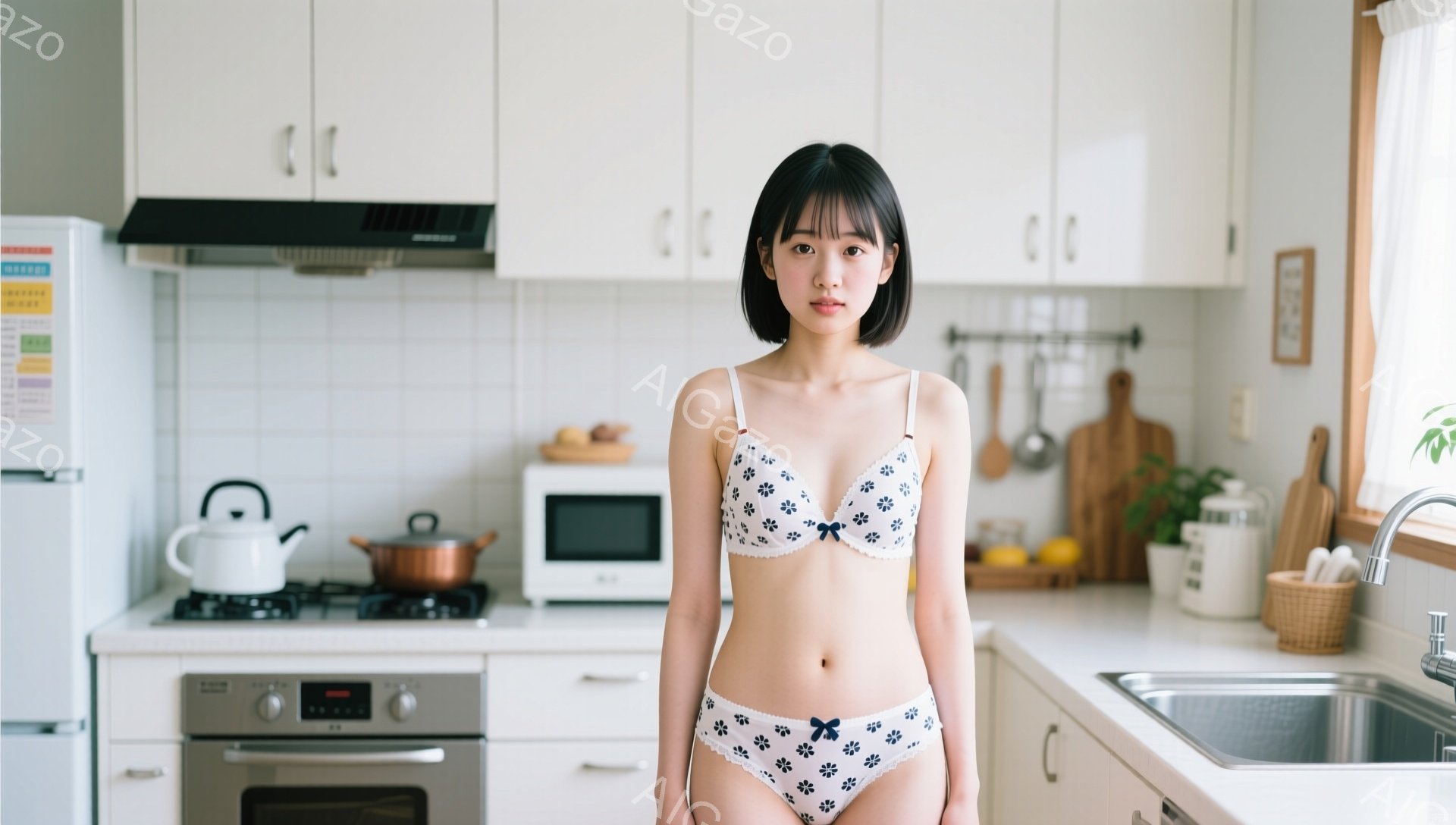 明るいキッチンを背景に、若い女性が花柄のブラとショーツ姿で立っている。彼女は黒髪のショートヘアで、表情は穏やかでわずかに微笑んでいるように見える。背景には、白を基調としたキャビネット、調理器具、そして - AI生成フリー素材