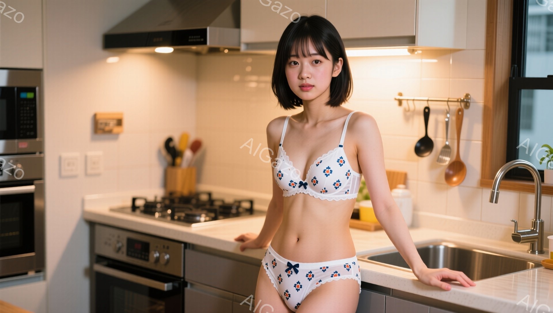 室内キッチンで、若い女性がブラとショーツ姿でカウンターに寄りかかっています。彼女は黒髪のショートボブで、少し微笑んだ表情をしています。背景には、調理器具が並んだキッチン、ステンレス製のシンク、そして窓 - AI生成フリー素材