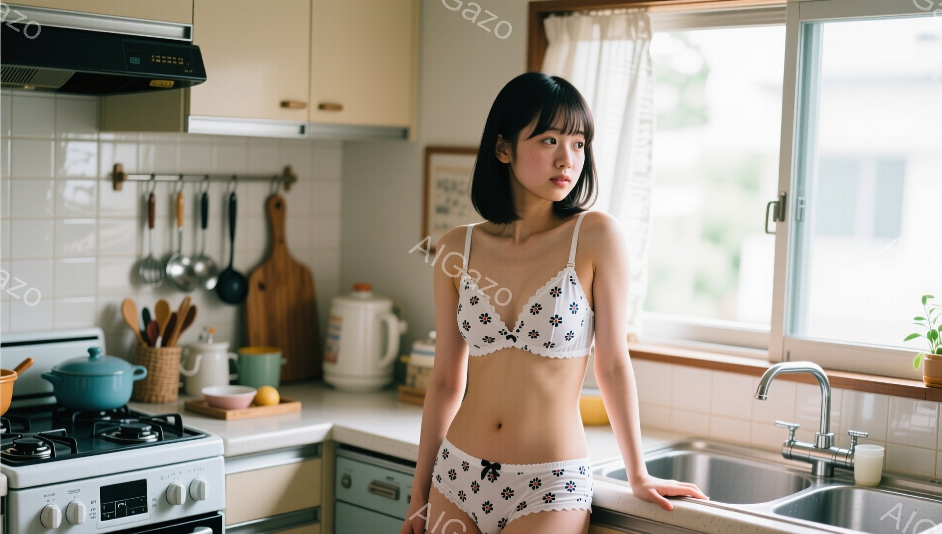ショートヘアの女性がキッチンで白い花柄のランジェリーを着て、シンクにもたれかかっています。彼女は少し憂いを帯びた表情で、視線はやや左を向いています。キッチンはベージュと白を基調としており、調理器具や食器が整然と並べられており、窓からは自然光が差し込んでいます。