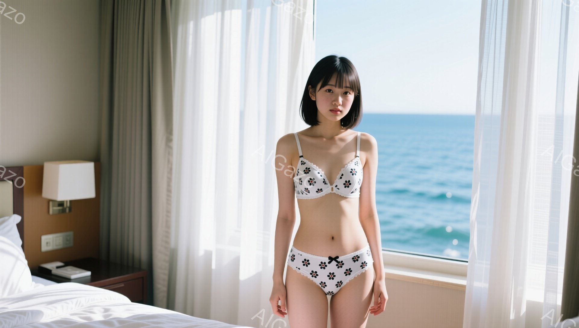 若い女性が花柄のブラとショーツのセットを身に着けて、窓の前に立っています。彼女は黒髪のボブヘアで、やや無表情な表情をしています。背景には青い海と白いカーテンがあり、室内は明るく、リゾートホテルの部屋のように見えます。