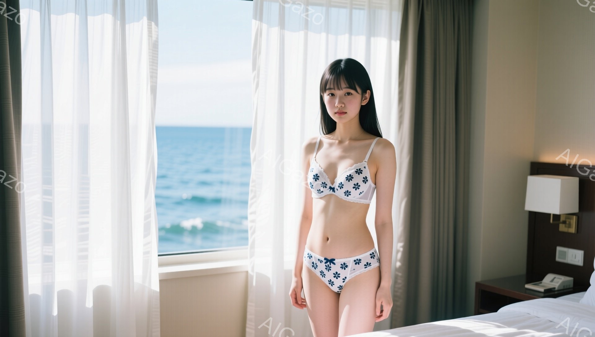長い黒髪の女性が、白い地に青い花柄のブラとショーツ姿で立っている。彼女はやや緊張した表情で、まっすぐ前を見据えている。背景には海が見える窓と、白いベッド、ナイトテーブルがある。