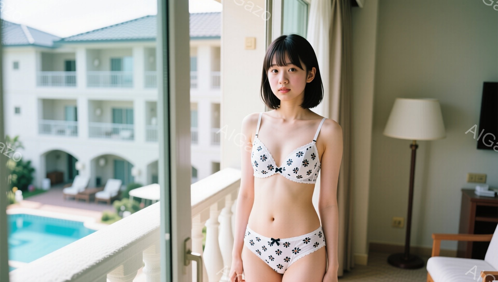 ショートヘアの女性が、白い花柄のブラとショーツのセットアップ姿でバルコニーに立っている。彼女はやや緊張した表情でカメラを見つめ、背筋を伸ばして正姿勢を保っている。背景にはプールと白い建物が見え、晴れた日のリゾート地の雰囲気が漂っている。