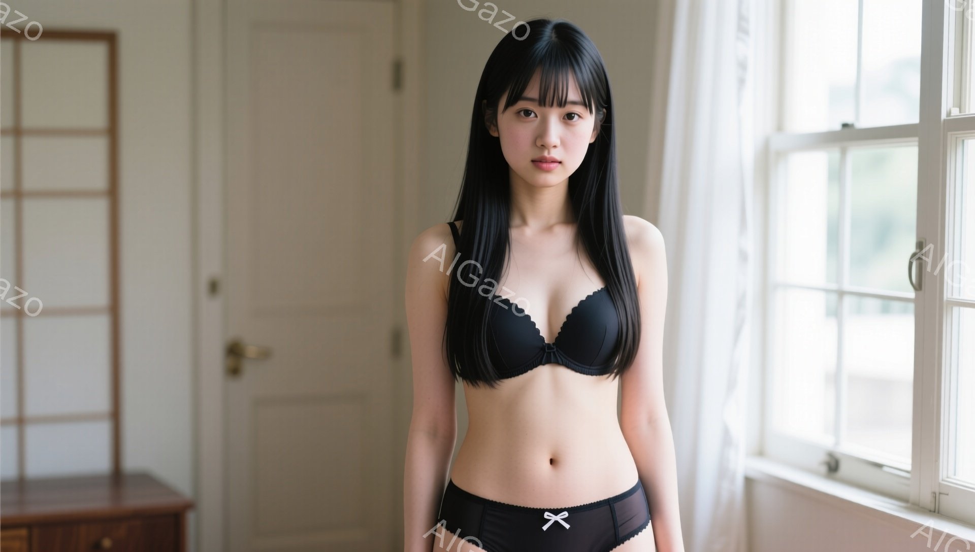黒髪の女性が、黒いブラとショーツのランジェリー姿で正面を向いています。彼女は少し微笑み、落ち着いた表情で、窓の光が彼女を照らしています。背景には木製のキャビネットと窓があり、室内は明るく、穏やかな雰囲 - AI生成フリー素材
