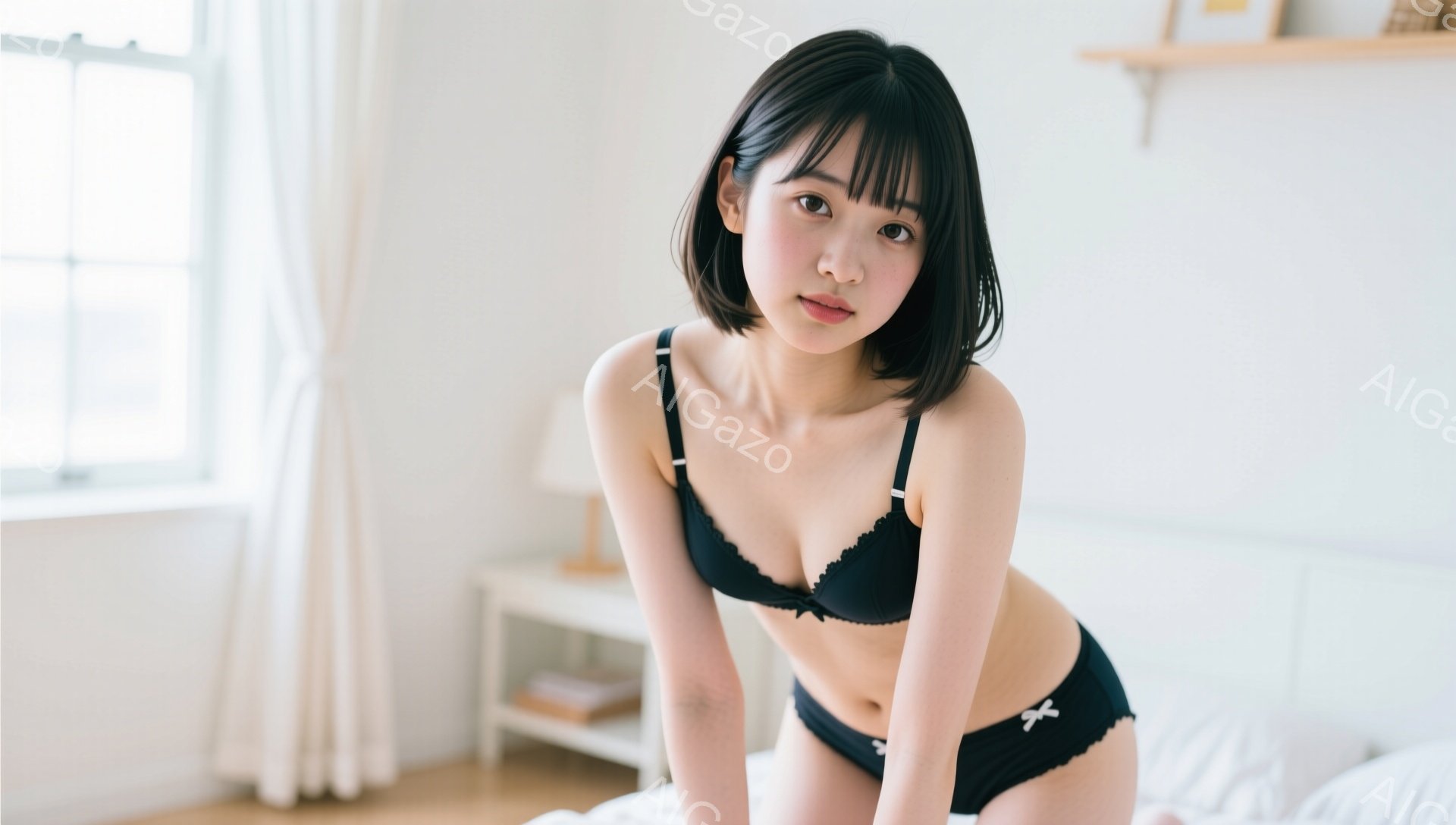 短い黒髪の女性がベッドの上に立っており、黒いブラとショーツのランジェリーを身に着けている。彼女は少し顔を傾けてカメラを見つめており、控えめな微笑みを浮かべている。背景は白い壁とカーテン、そして小さなテ - AI生成フリー素材