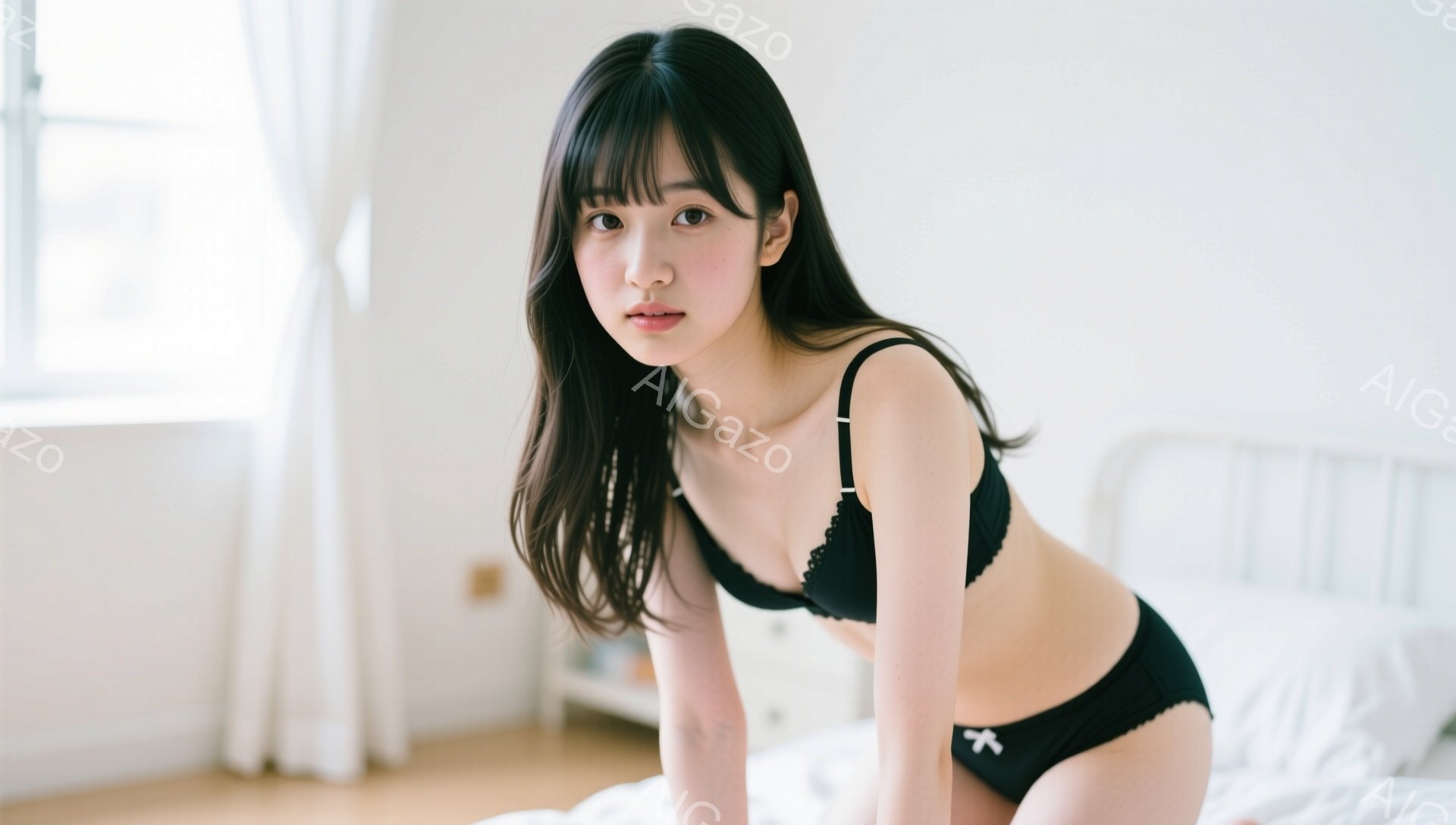 黒いブラとショーツを身につけた若い女性が、白いベッドの上に膝をついて座っている。彼女は長い黒髪で、前髪が目に少しかかっている。表情は穏やかで、カメラを見つめている。