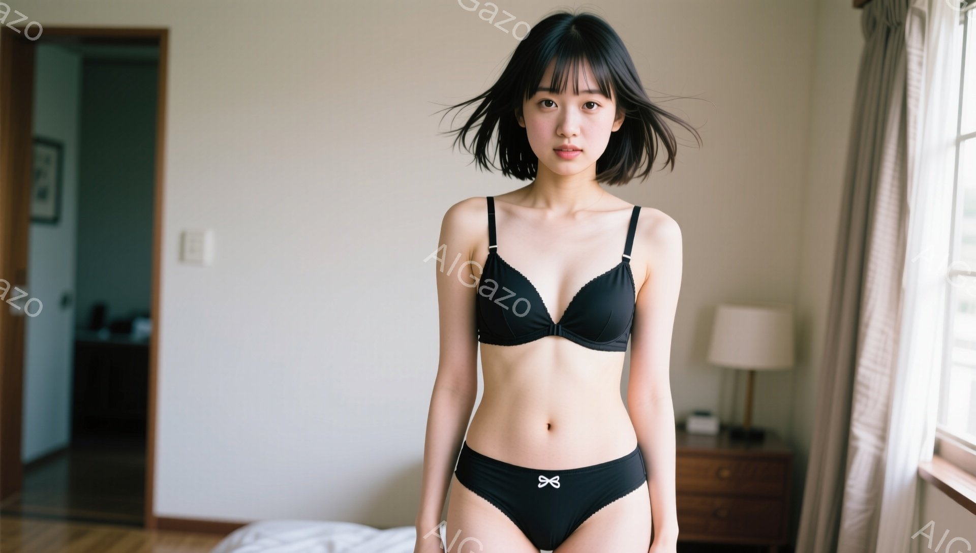 黒いブラとショーツを身に着けた若い女性が、窓の近くでポーズをとっています。彼女は黒髪のボブヘアで、わずかに微笑んでいます。背景には、白い壁と木製の家具のある室内が見え、全体的に明るく清潔な雰囲気です。 - AI生成フリー素材