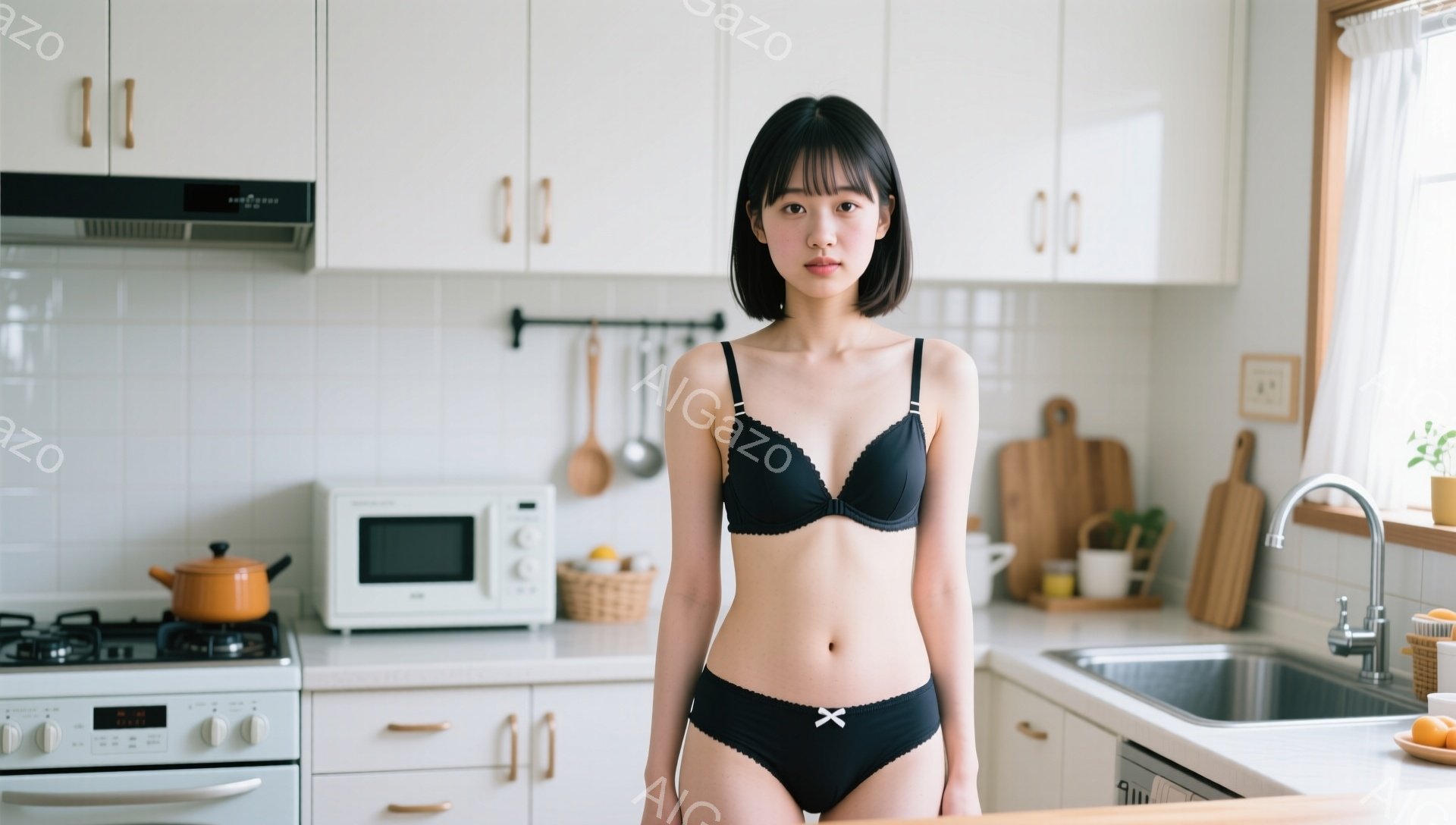 短い黒髪の女性がキッチンで白いキャビネットとカウンターの前に立っています。彼女は黒いブラとパンティーを身につけ、少し恥ずかしそうな表情で正面を見つめています。背景には、調理器具や果物が置かれたカウンター、シンク、ガスコンロがあり、明るく清潔な家庭的な雰囲気です。