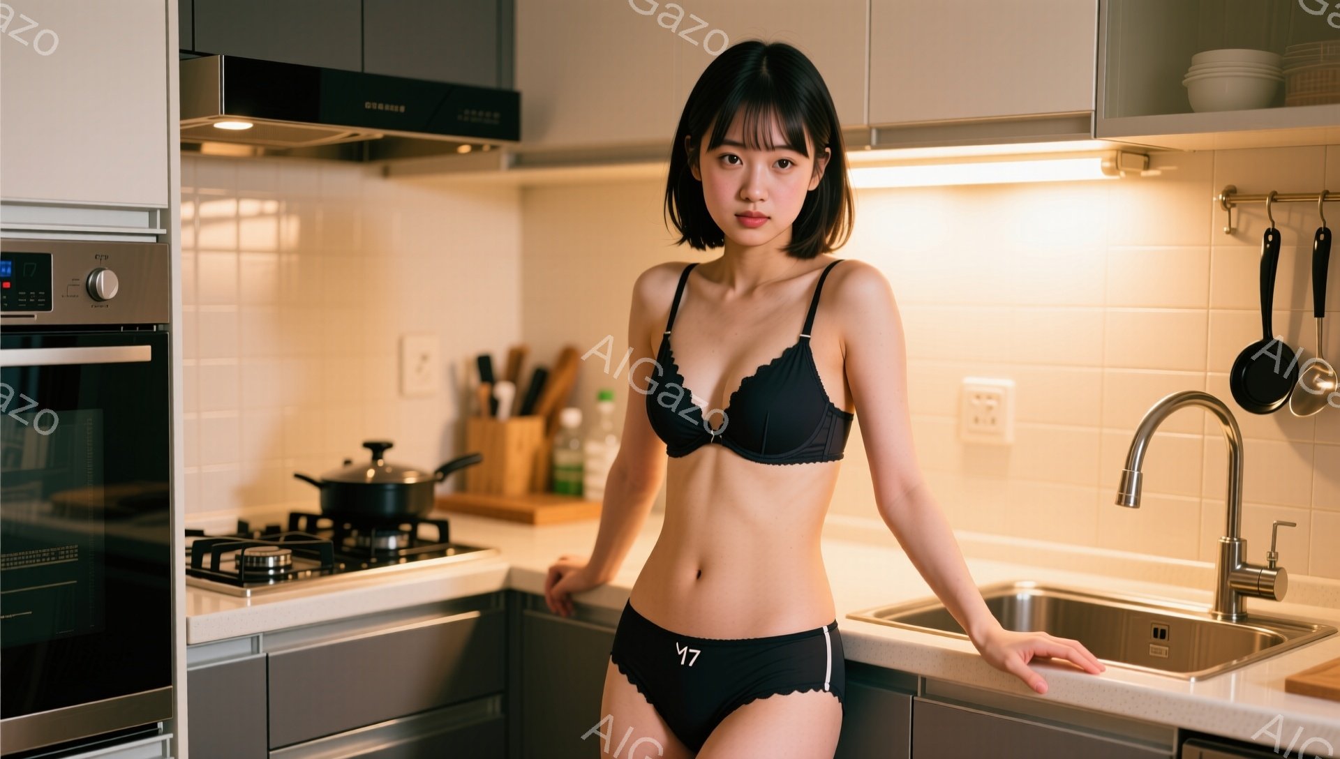 明るいキッチンを背景に、黒いブラとショーツ姿の女性が立っている。彼女は肩を少し落とし、片手をカウンターに、もう片手を腰に当ててポーズを取っており、少し微笑んでいる。背景には、コンロ、シンク、調理器具、 - AI生成フリー素材