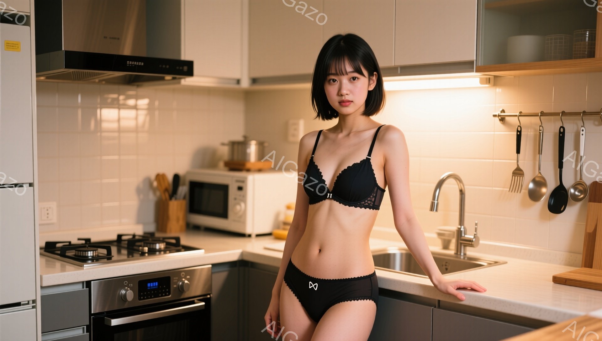 長い黒髪で、前髪が少しおでこにかかっている女性が、黒いレースのブラとショーツ姿でキッチンに立っている。彼女は片手をカウンターに当て、少し微笑んでいるように見える。背景には、ステンレス製のシンク、ガスコンロ、電子レンジなどがあり、清潔感のあるモダンなキッチンである。