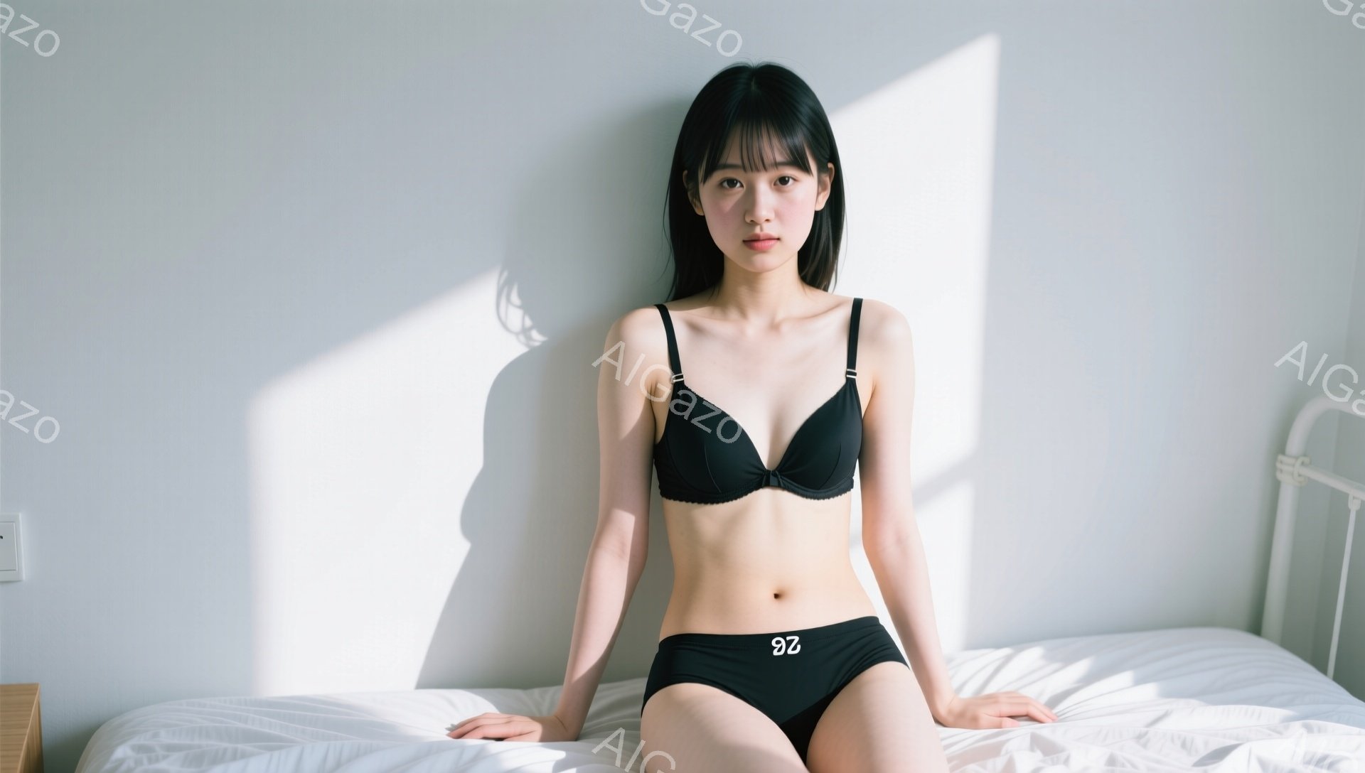 黒いブラと下着を身につけた若い女性が、白いベッドの上に座っています。彼女は黒髪で、前髪が目を覆うようにカットされています。表情は落ち着いており、カメラの方をまっすぐ見ています。 - AI生成フリー素材