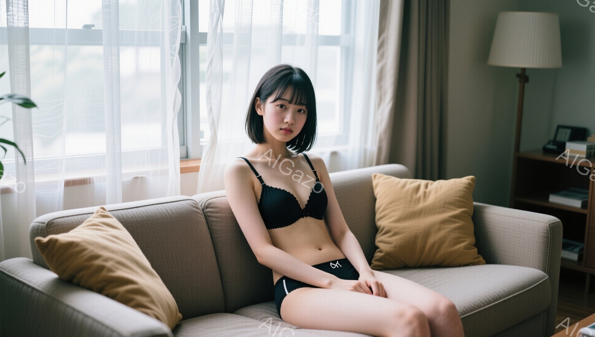 短い黒髪の女性がベージュのソファに座っており、黒いブラと下着を身に着けています。彼女はリラックスした表情で、足を組んで座っています。背景には窓があり、明るい光が差し込み、部屋全体が穏やかな雰囲気です。 - AI生成フリー素材