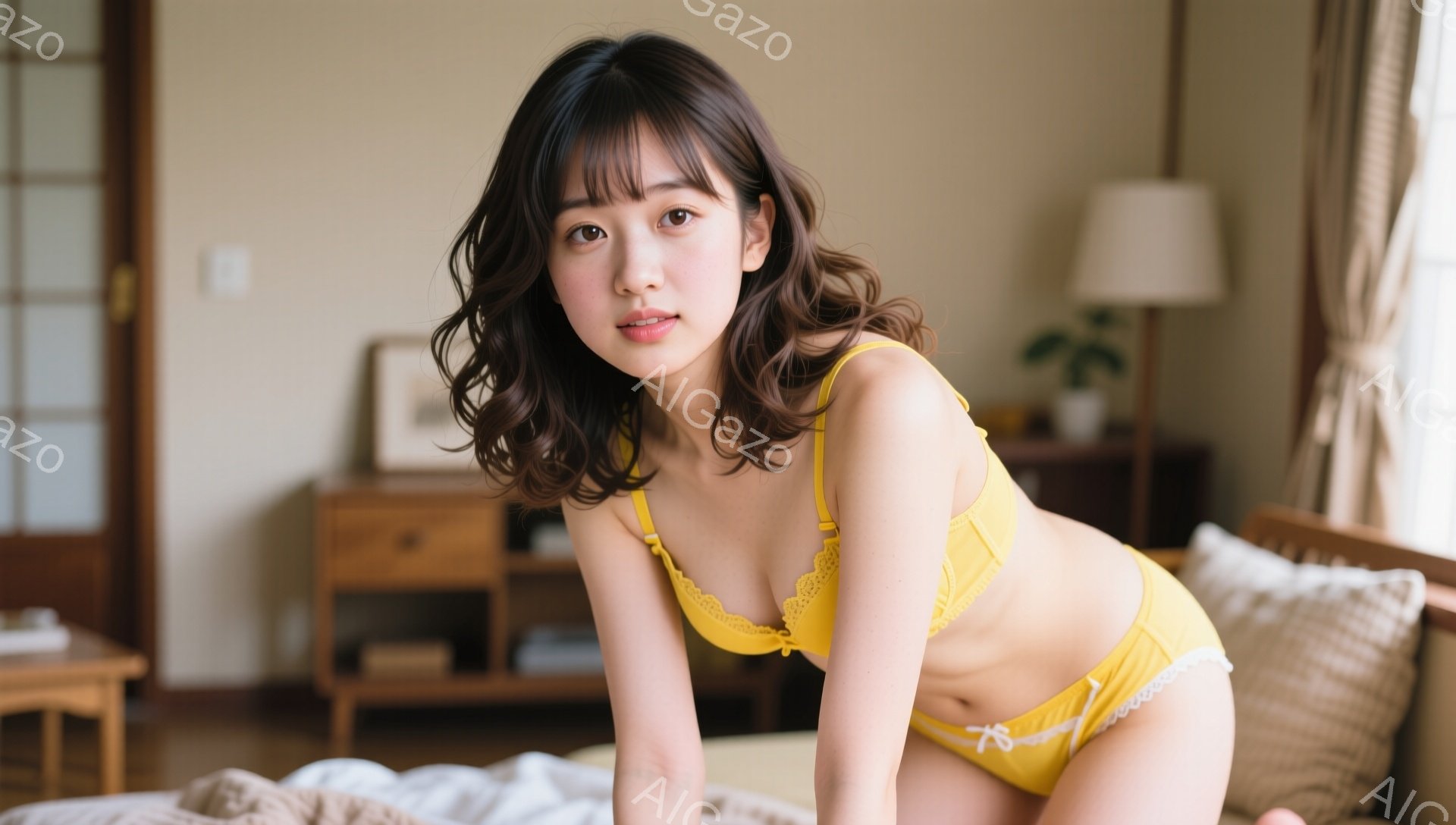 明るい黄色のランジェリーを着た若い女性が、カメラに向かって少し微笑んでいます。彼女はベッドに座り、片手を腰に当てて、リラックスした姿勢をとっています。背景には木製の家具や観葉植物が見え、穏やかで暖かさ - AI生成フリー素材