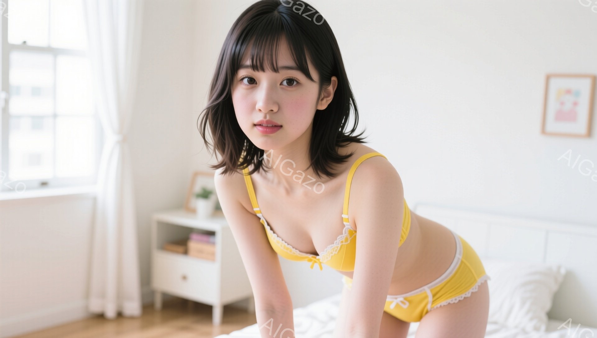 明るい髪の女性が、黄色のレースのトリミングが施されたブラとショーツのセットを身に着けています。彼女はベッドに横たわり、少し体を起こしてカメラを見つめており、表情は穏やかで微笑んでいます。背景には白いナ - AI生成フリー素材