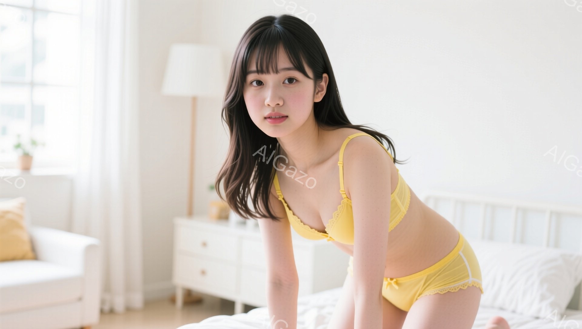 長い黒髪で前髪が眉毛にかかる女性が、黄色いレースのブラとショーツ姿でベッドの上に立っている。彼女は少し微笑んでおり、穏やかな表情をしている。背景には白い家具と自然光が差し込む明るい寝室が広がっており、 - AI生成フリー素材