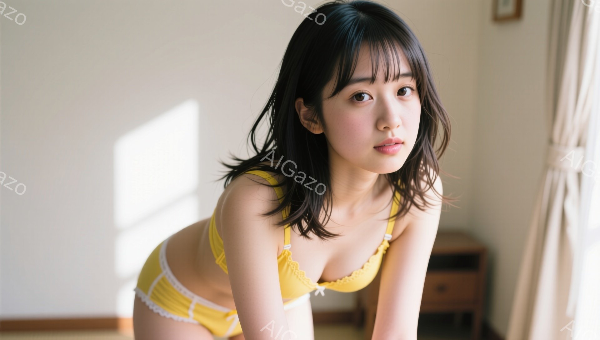黒髪の女性が黄色いブラとショーツのランジェリー姿で、床に膝をついてこちらを見つめています。彼女は少し微笑んでおり、柔らかい光が彼女の顔を照らしています。背景には木製の家具と窓から差し込む光があり、全体的に暖かく、親密な雰囲気です。