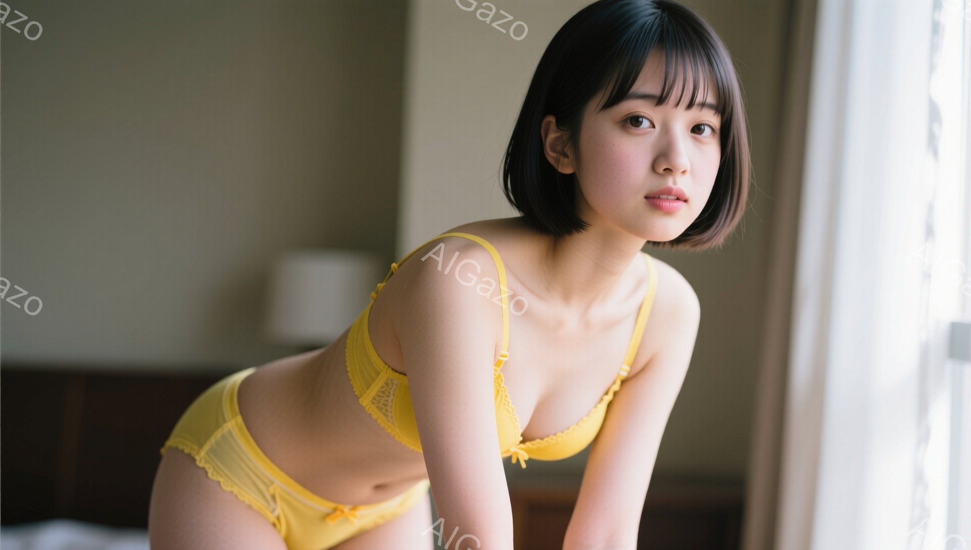 短い黒髪の女性が、明るい黄色のランジェリーセットを身につけています。彼女は少し体を丸め、片膝を立ててカメラを見つめており、控えめな笑顔を浮かべています。背景は白いカーテンとぼやけたベッドルームで、柔ら - AI生成フリー素材