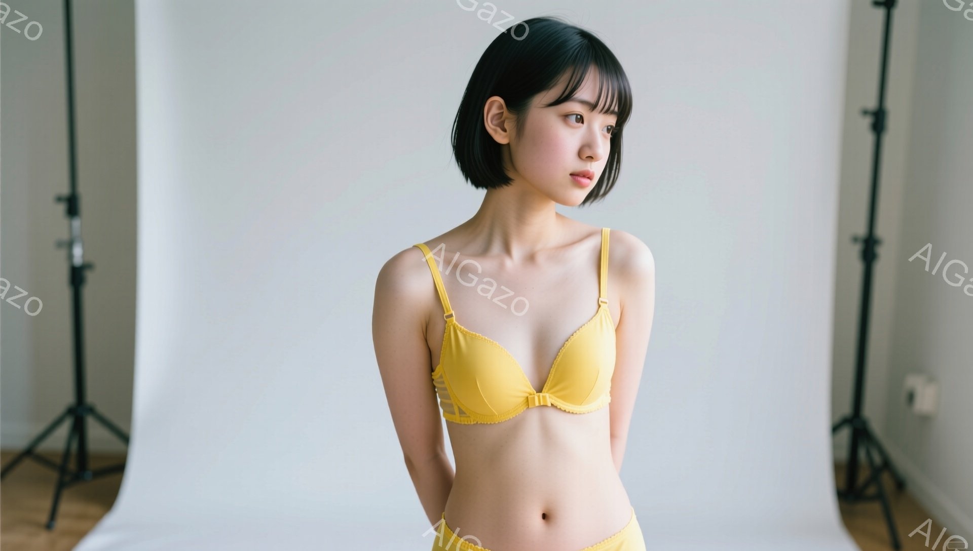 明るい黄色のブラとショーツを身に着けた若い女性が写っています。彼女は黒髪のショートボブで、少し憂いを帯びた表情で正面を見つめています。背景は白い布で、スタジオ撮影であることがわかります。 - AI生成フリー素材