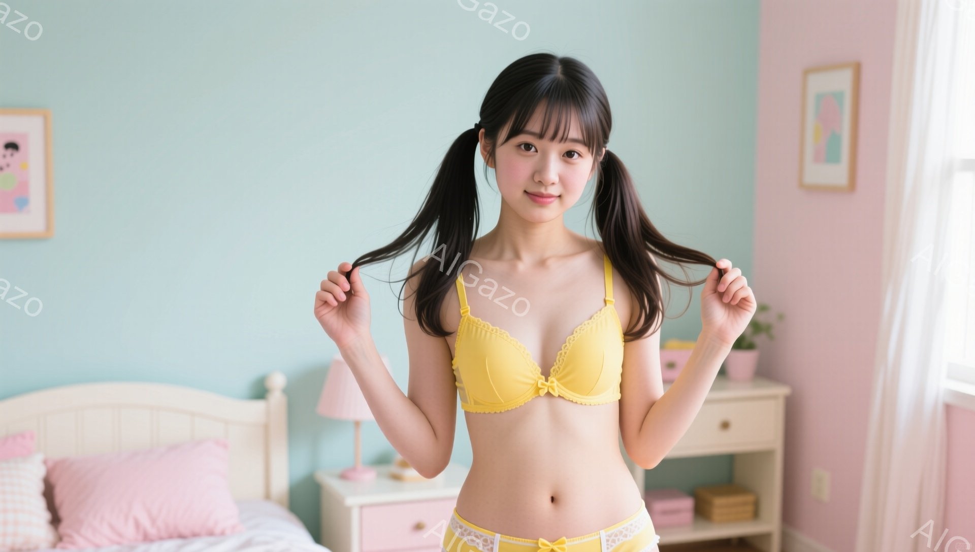 明るい部屋で、茶髪の女性が黄色いブラとショーツのセットを身につけ、両手を頭の上で結んでいます。彼女は微笑んでおり、少し恥ずかしそうに見えます。背景には、ピンクのベッドや白いドレッサーがあり、明るく清潔な雰囲気を醸し出しています。