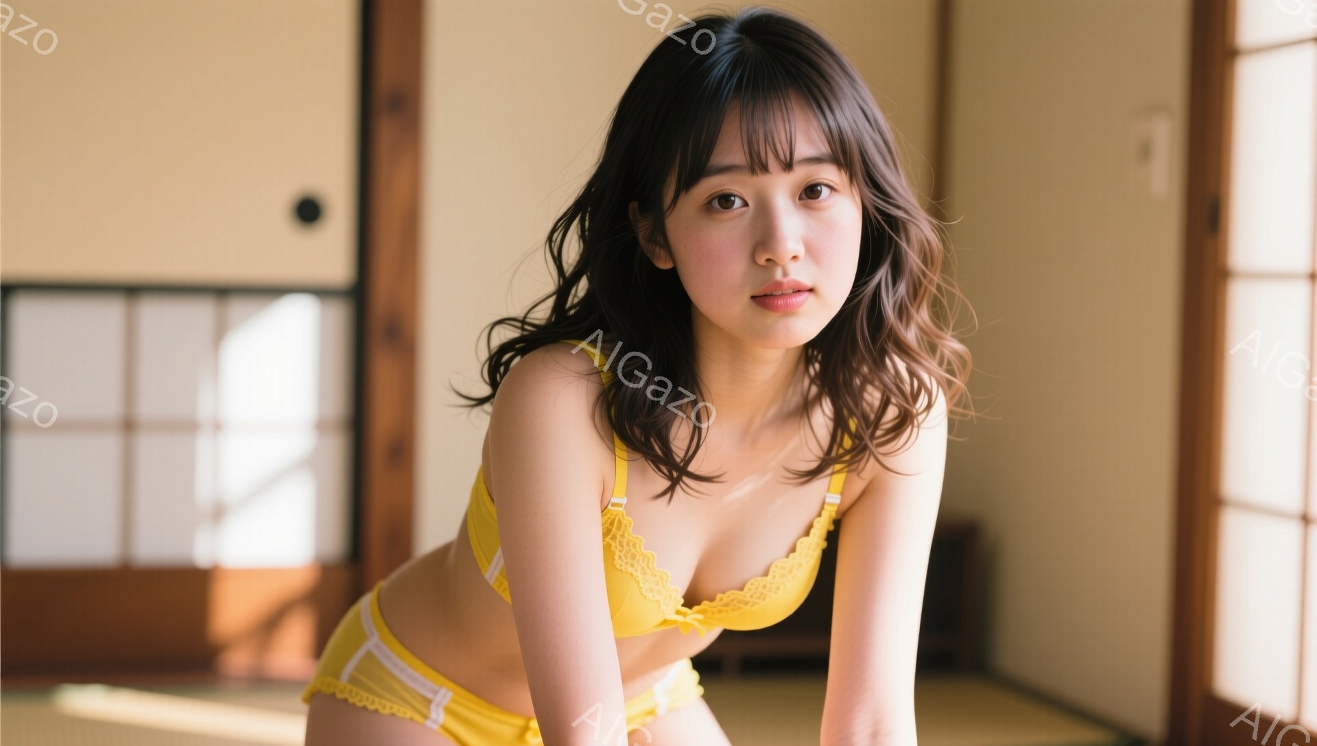 長い黒髪で、前髪が眉毛にかかるようにカットされた女性が写っている。彼女は黄色のレースのブラとショーツを身に着けており、畳の上にひざまずいている。背景は障子と木のフレームで構成された日本の部屋で、柔らかい自然光が差し込んでいる。