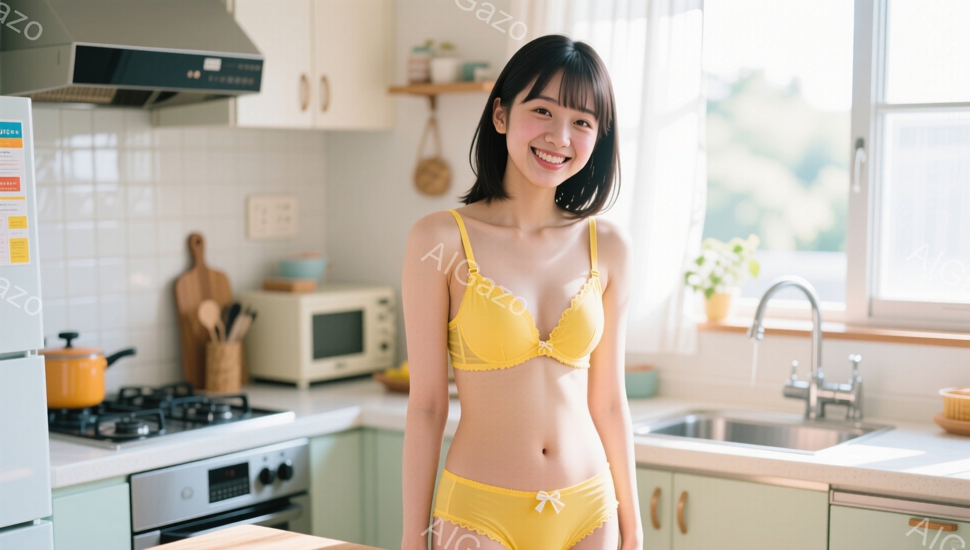 明るいキッチンで、黄色いブラとショーツを身に着けた若い女性が立っています。彼女は肩まで届く黒髪で、笑顔を浮かべています。背景には、ガスコンロ、電子レンジ、シンク、窓から差し込む自然光があり、全体的に明 - AI生成フリー素材