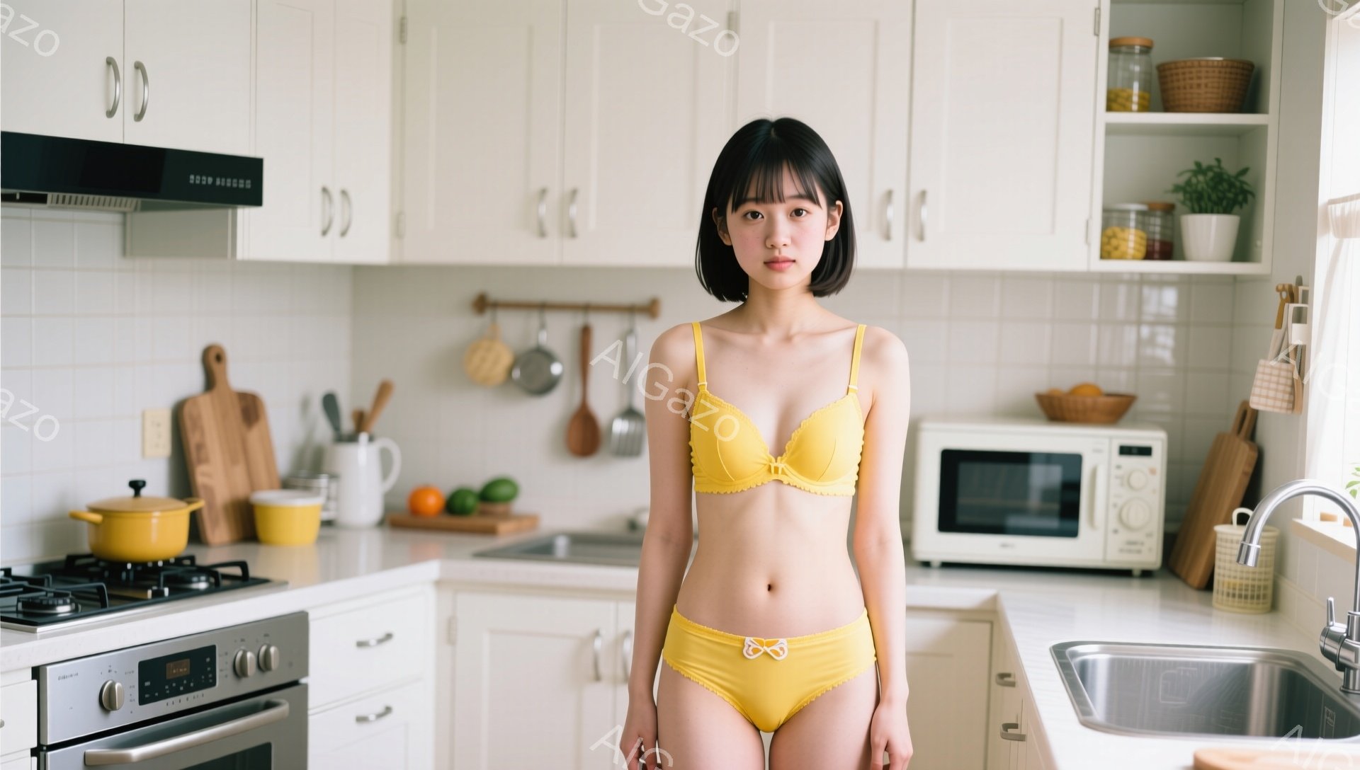 明るいキッチンを背景に、黄色のブラとショーツを着用した若い女性が立っています。彼女は黒髪でストレートのヘアスタイルで、表情は穏やかでやや自信に満ちています。キッチンには白いキャビネット、調理器具、果物、そしてステンレス製のシンクが見え、全体的に清潔感があり明るい雰囲気が漂っています。