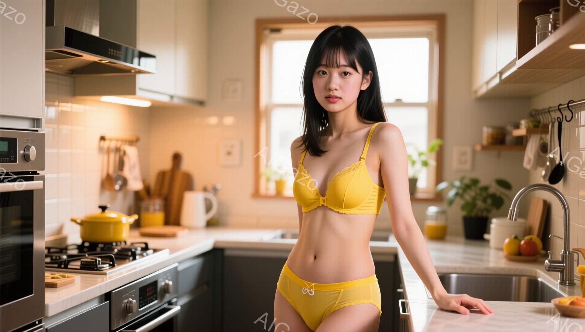 明るいキッチンを背景に、若い女性が黄色いランジェリーを着て立っている。彼女は肩まで伸びた黒髪で、穏やかな表情を見せ、片手をカウンターに添えてリラックスしたポーズをとっている。キッチンは整然としており、 - AI生成フリー素材