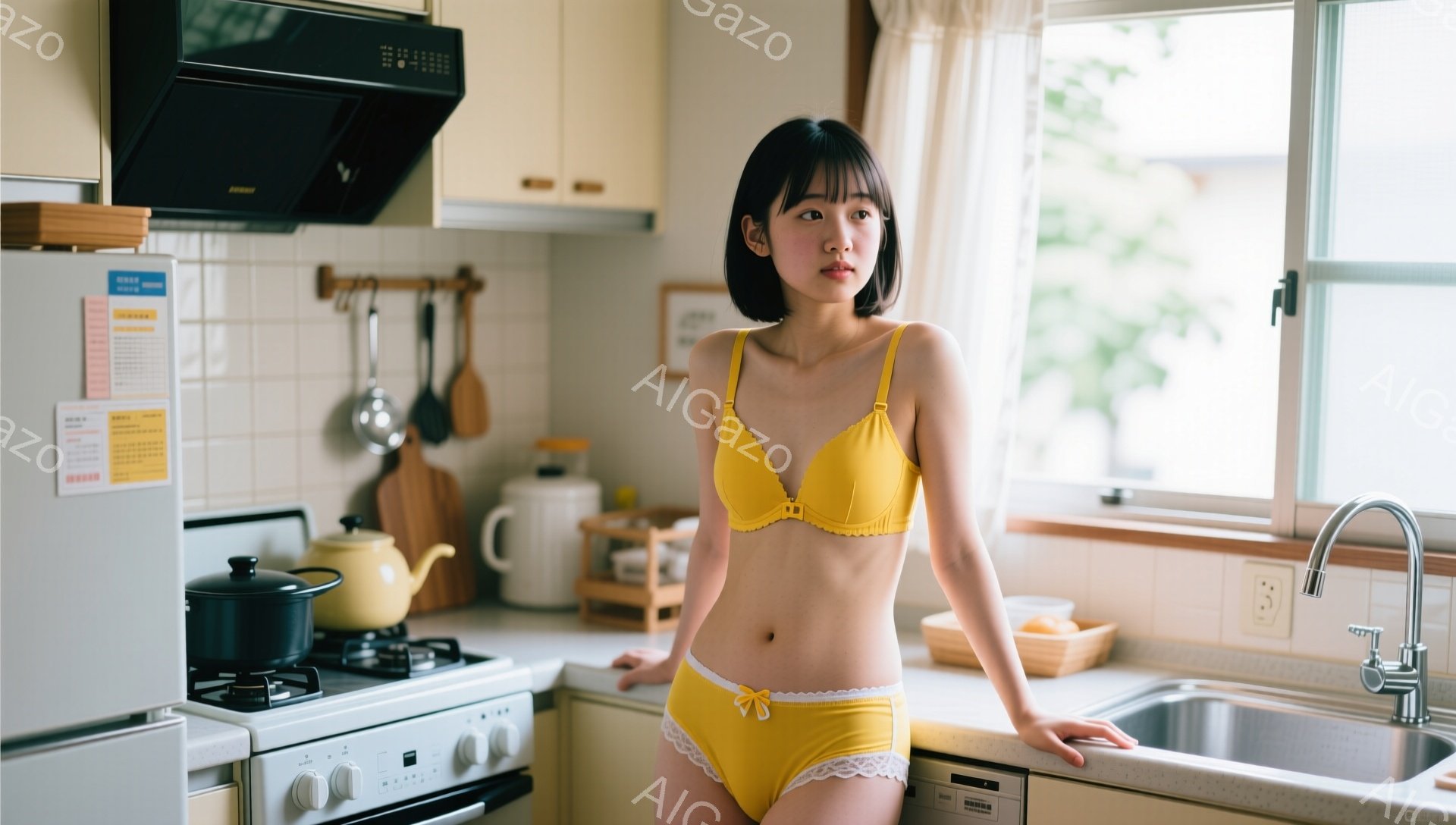 明るいキッチンで、若い女性がイエローのブラとショーツのセットを身につけています。黒髪のショートボブヘアで、少し微笑んだ表情で、キッチンのシンクに片手を置き、リラックスした姿勢で立っています。背景には、冷蔵庫、調理器具、窓から見える穏やかな風景が広がっており、温かく家庭的な雰囲気を醸し出しています。
