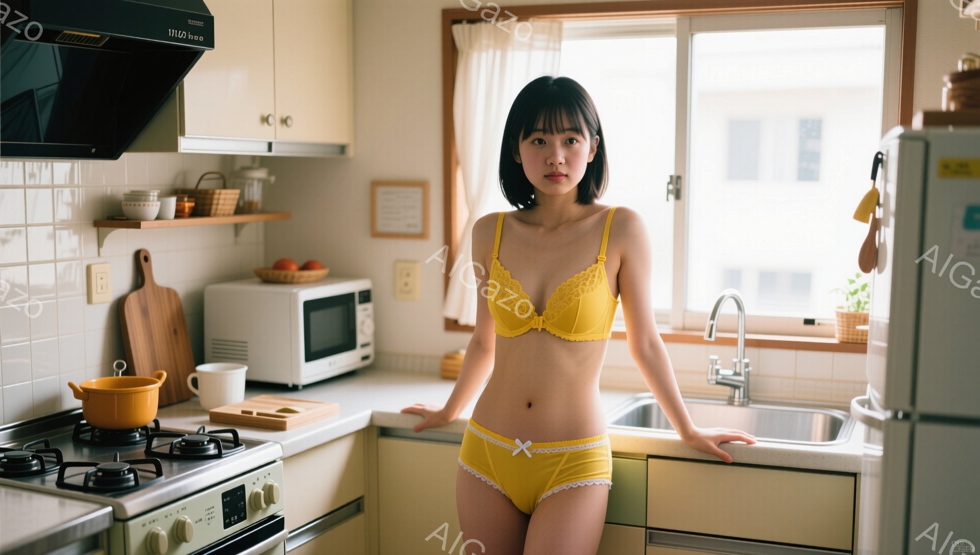 明るいキッチンで、黄色いブラとショーツを着た若い女性が立っている。彼女は肩を少し丸め、両手を腰に当て、リラックスした表情をしている。背景には、電子レンジ、ガスコンロ、食器棚があり、自然光が差し込んで温かい雰囲気を醸し出している。