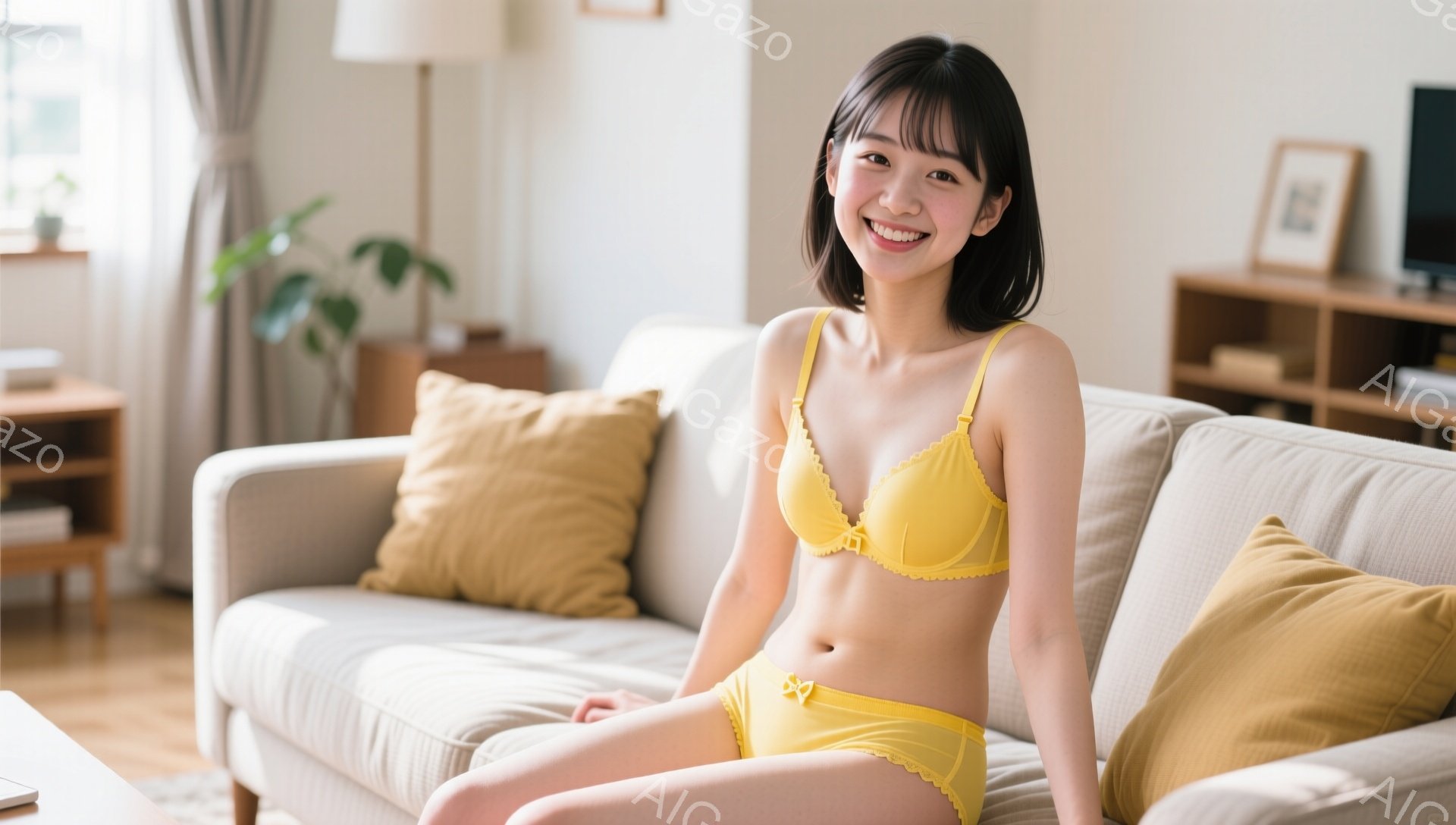 明るいリビングルームのソファに座る若い女性が写っています。彼女は黄色のブラとショーツを身に着け、長い黒髪は肩にかかっています。笑顔でカメラを見つめ、リラックスした姿勢で両足を組んでいます。 - AI生成フリー素材
