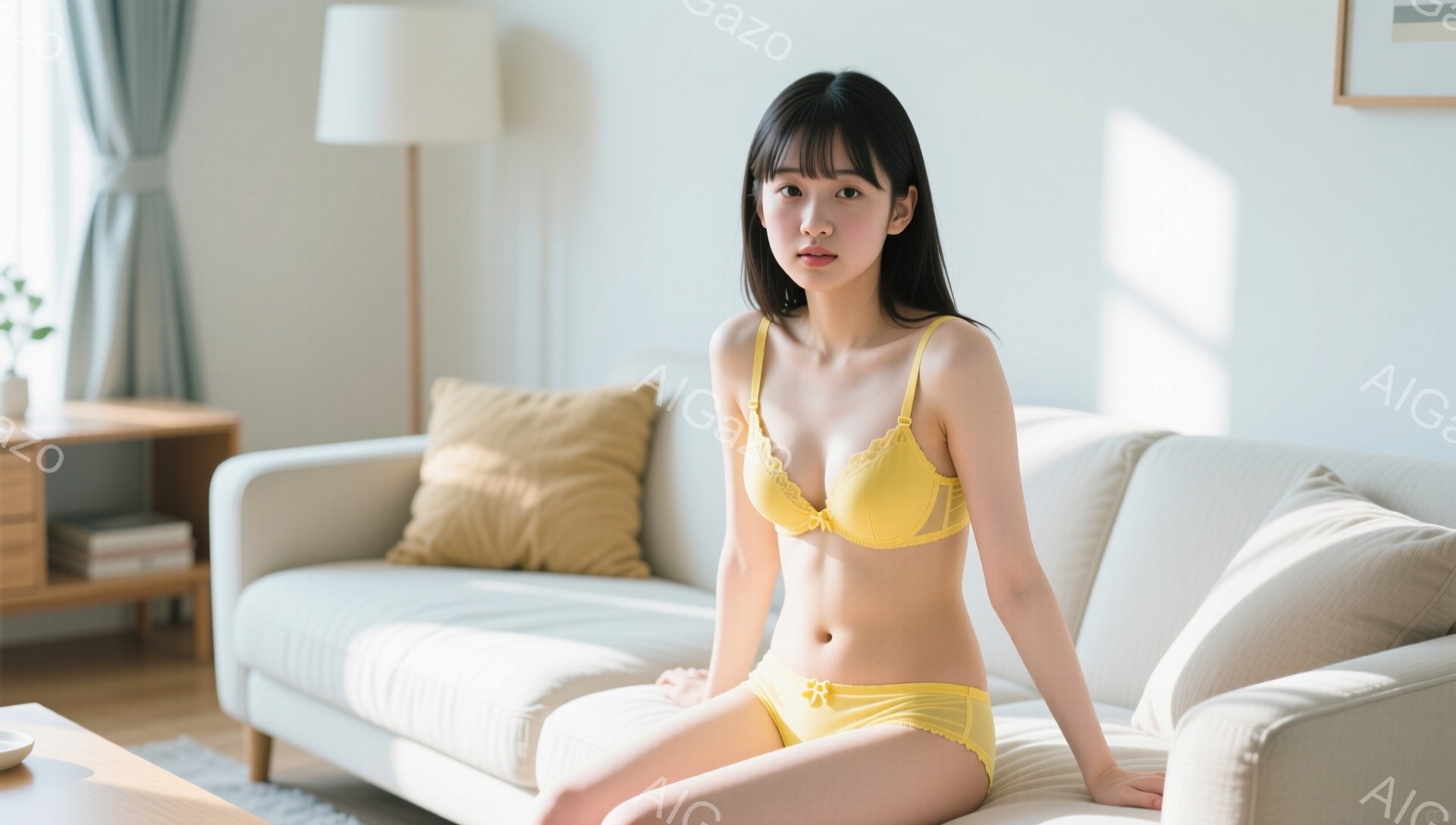 明るいリビングルームで、若い女性が黄色いブラとショーツ姿でソファに座っています。彼女は長い黒髪で、前髪が目にかかり、穏やかな表情をしています。背景には、柔らかい光が差し込む窓、ベージュ色のクッション、 - AI生成フリー素材